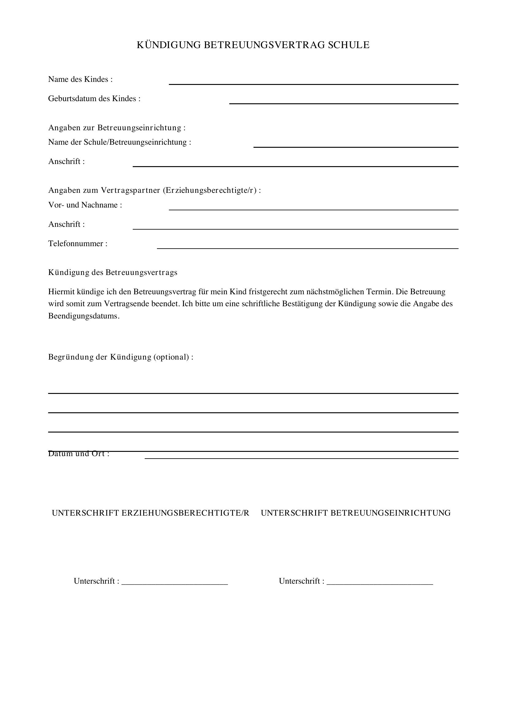 Kündigung Betreuungsvertrag Schule