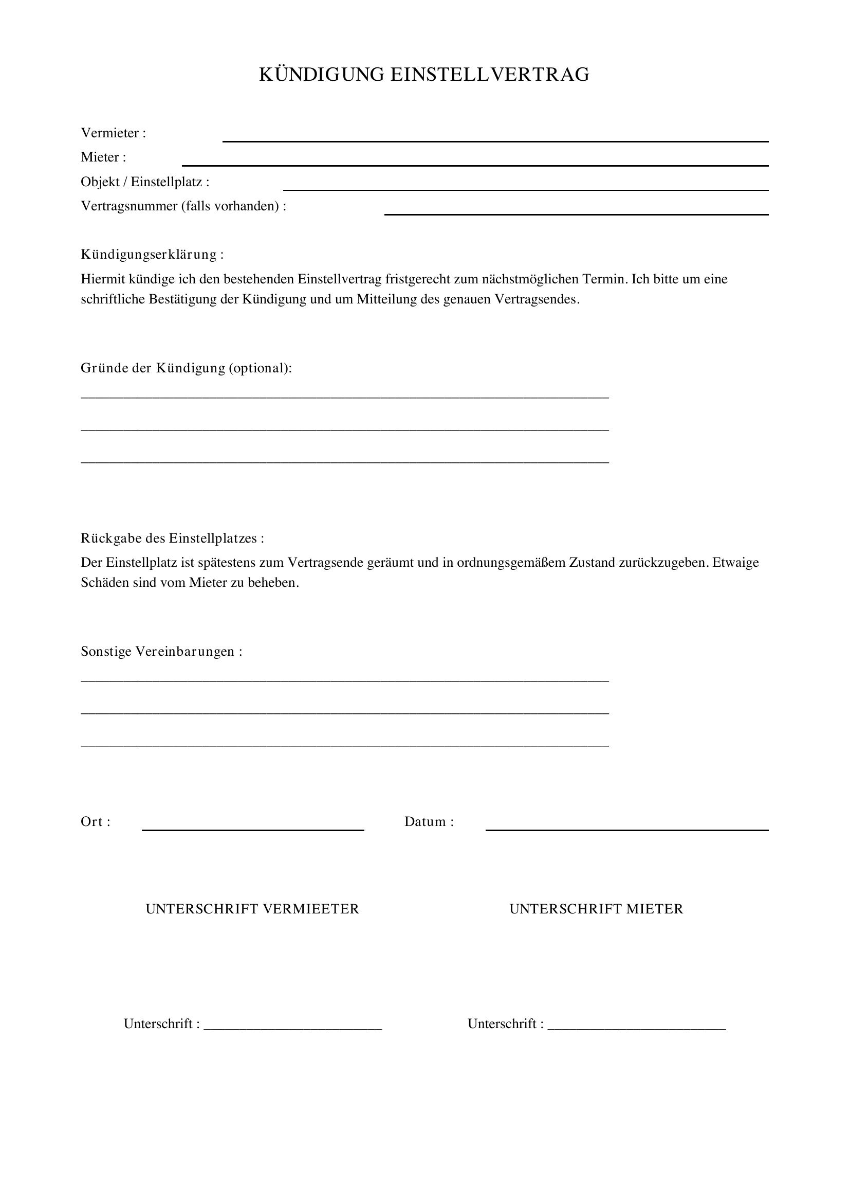 Kündigung Einstellvertrag Vorlage