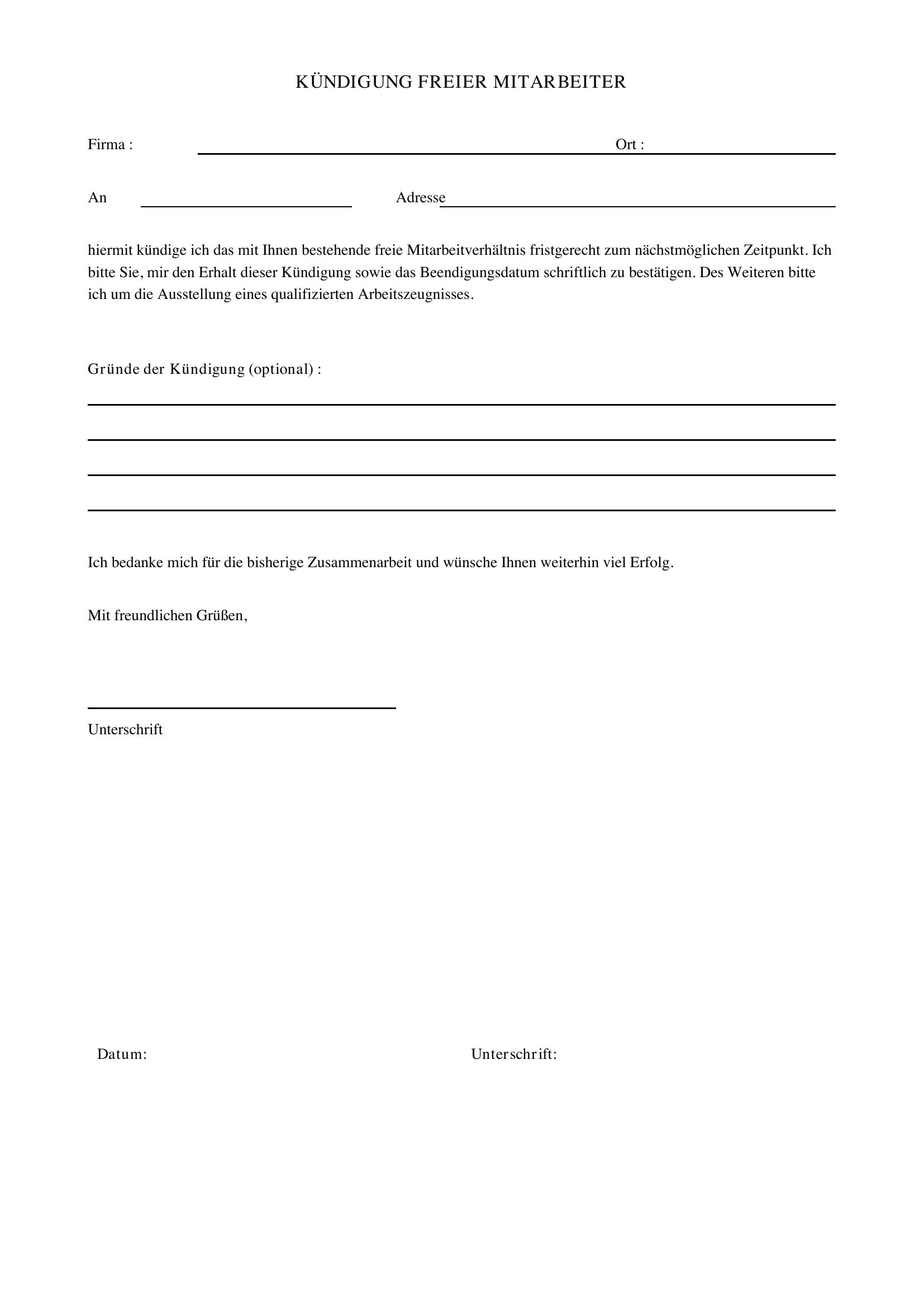 Kündigung Freier Mitarbeiter Muster
