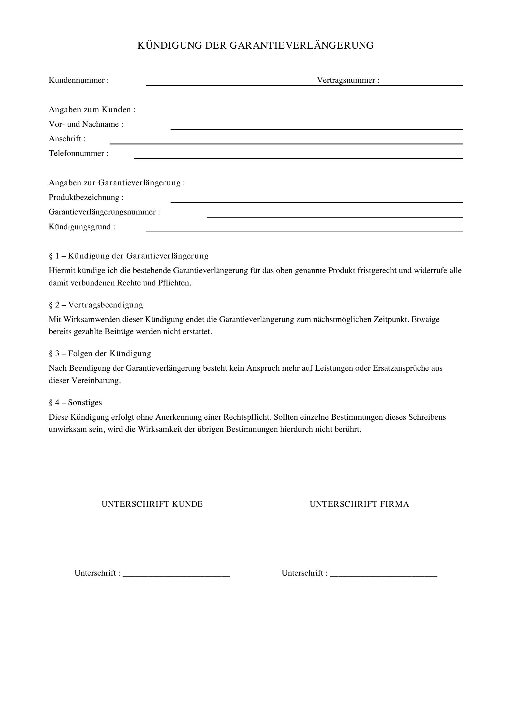 Kündigung Garantieverlängerung