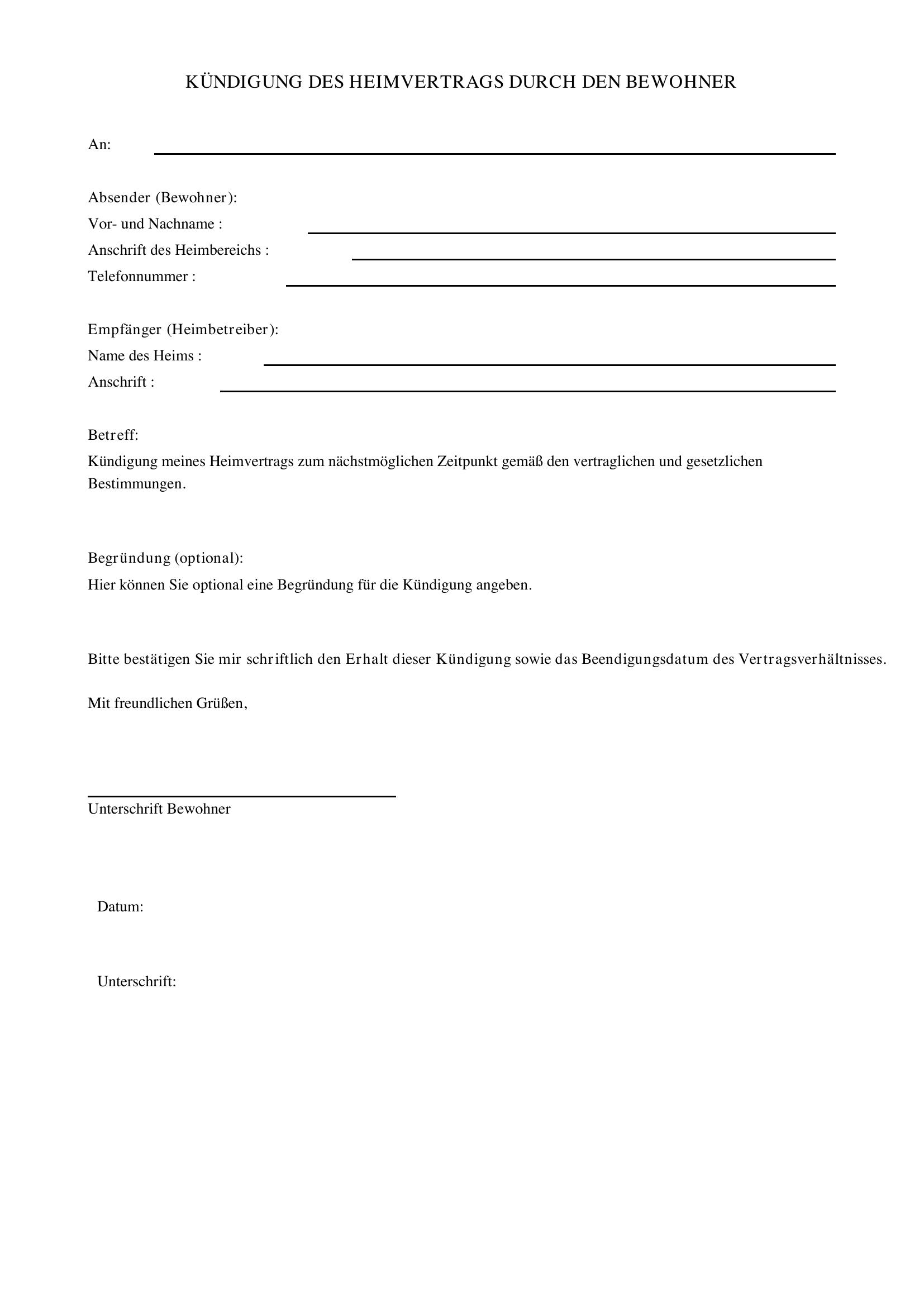 Kündigung Heimvertrag Durch Bewohner Vorlage
