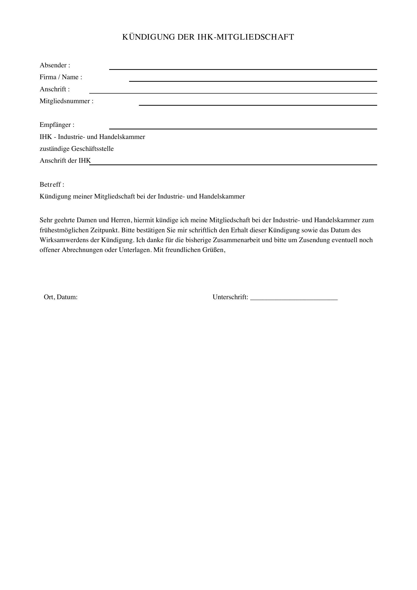 Kündigung Ihk Mitgliedschaft Muster