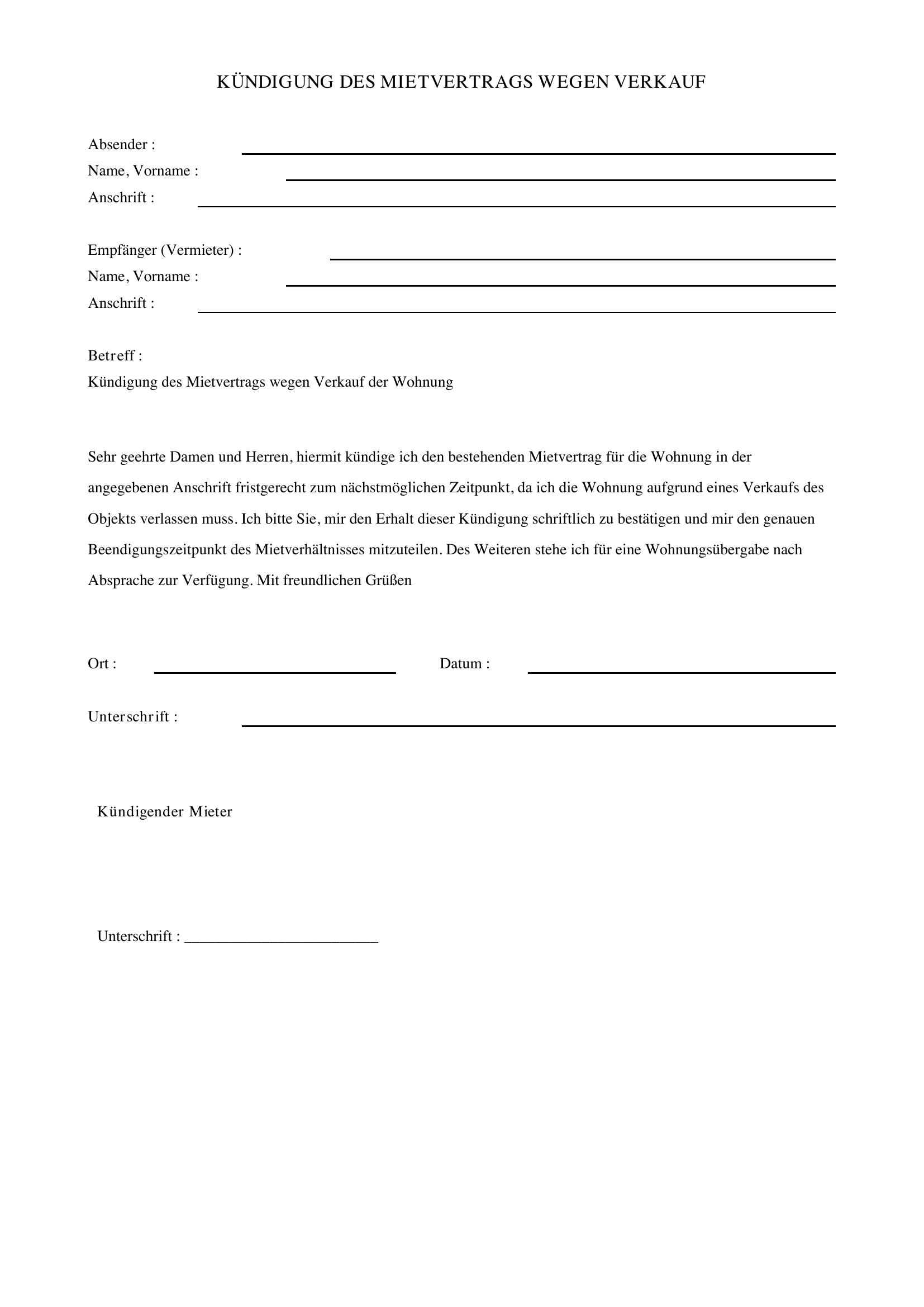 Kündigung Mietvertrag Wegen Verkauf Vorlage