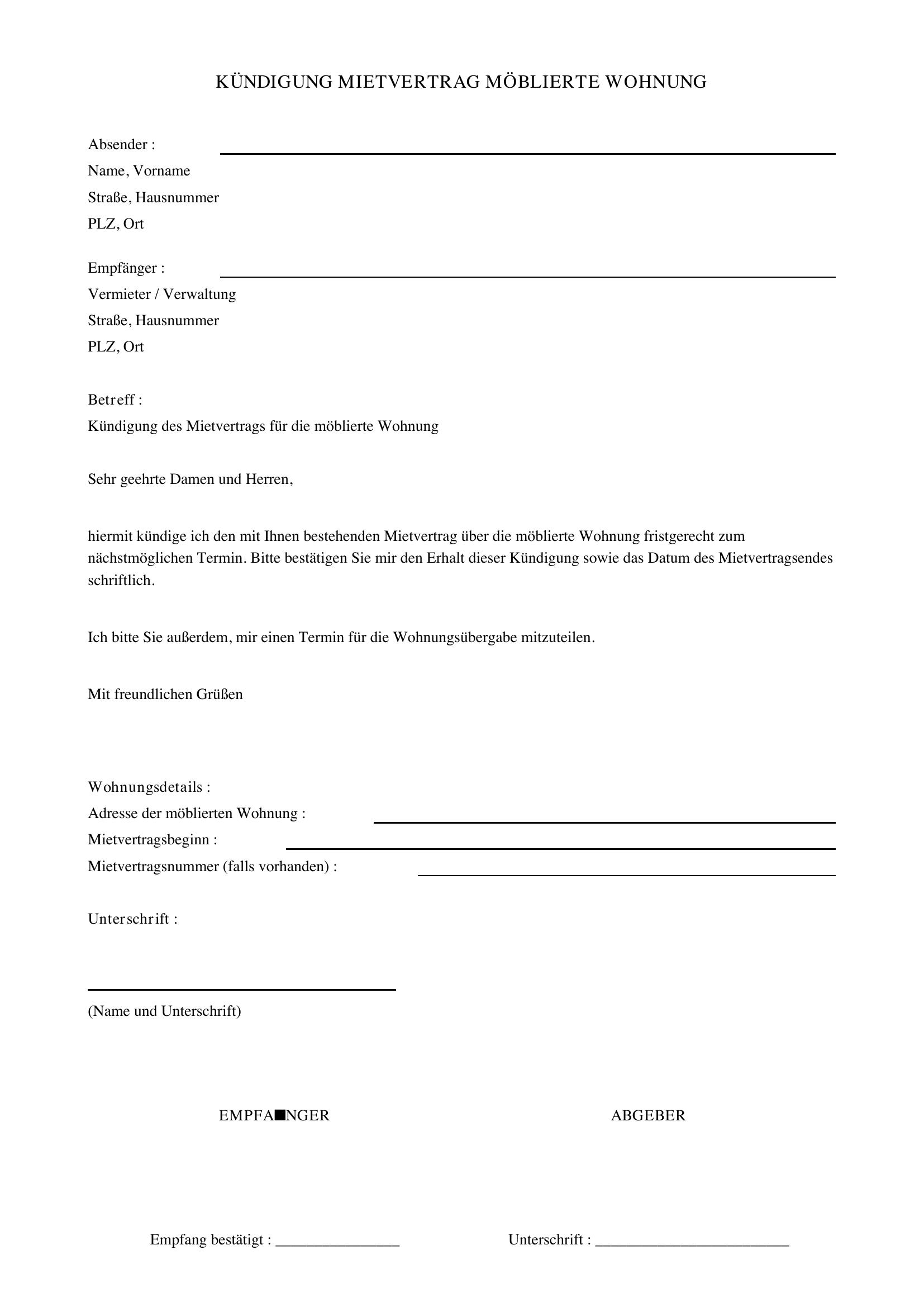 Kündigung Möblierte Wohnung Muster