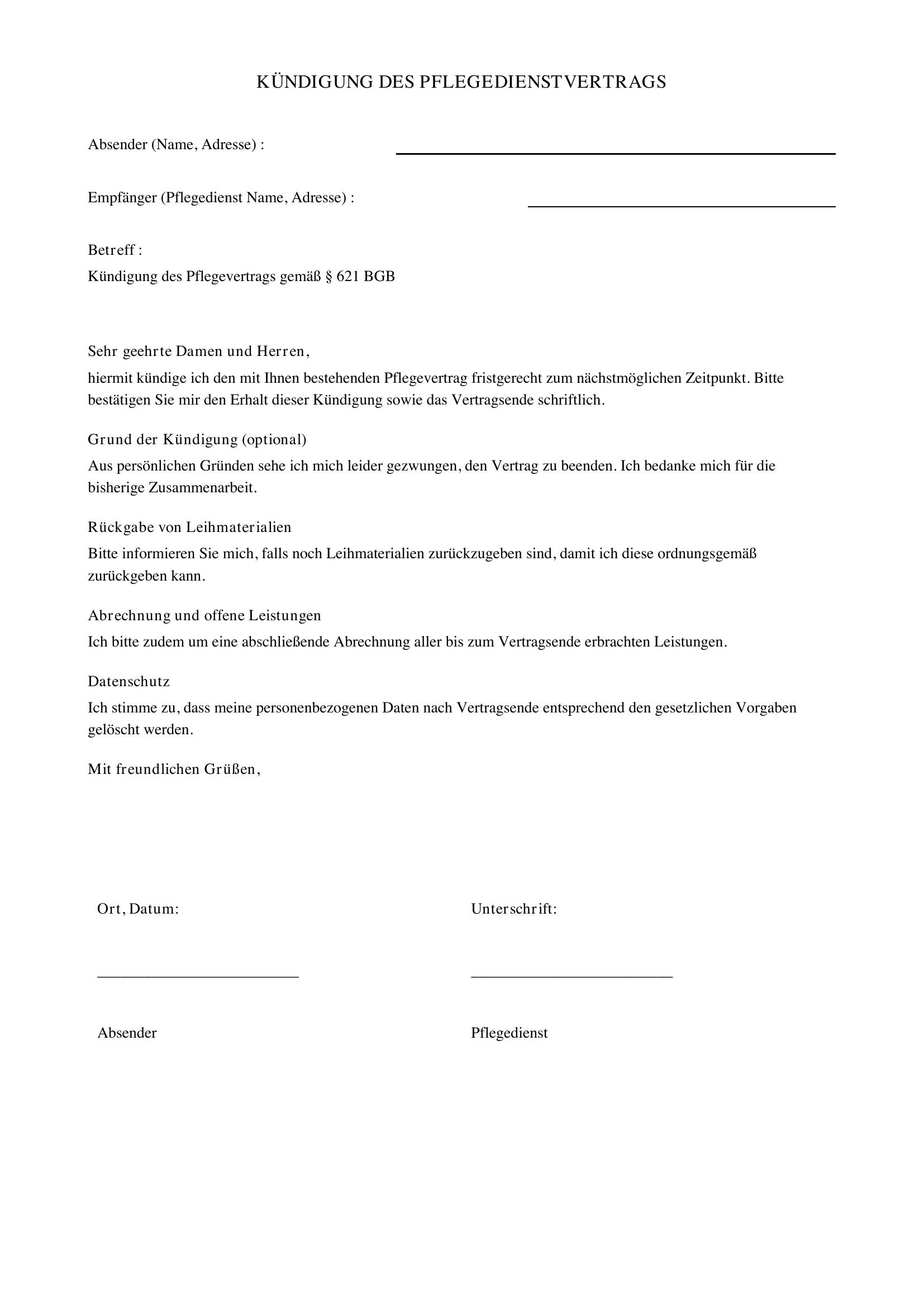 Kündigung Pflegedienst Muster