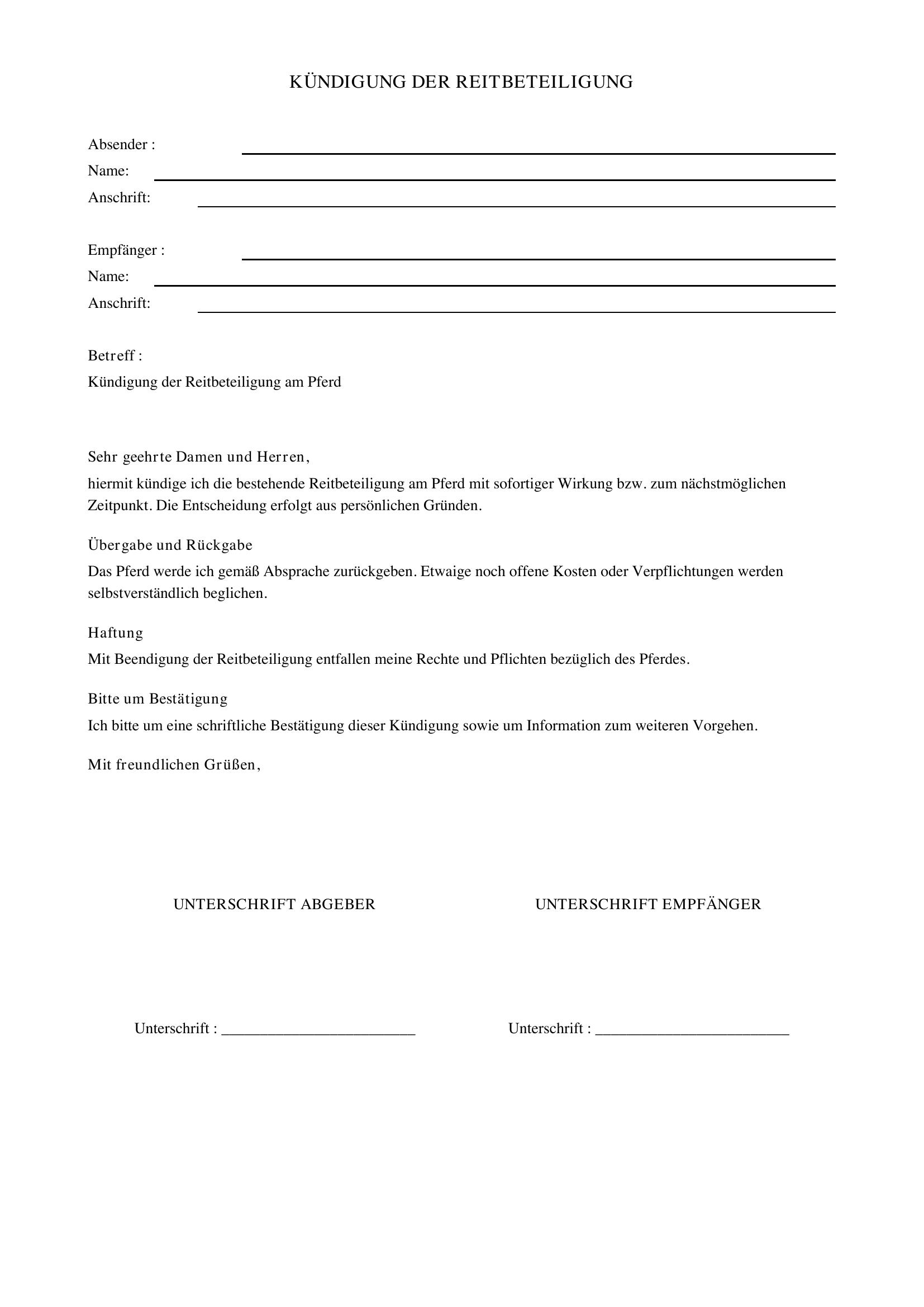Kündigung Reitbeteiligung Vorlage