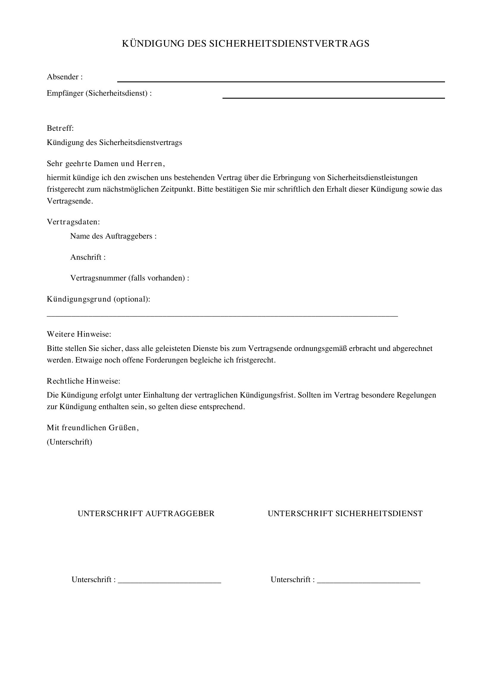 Kündigung Sicherheitsdienst Muster