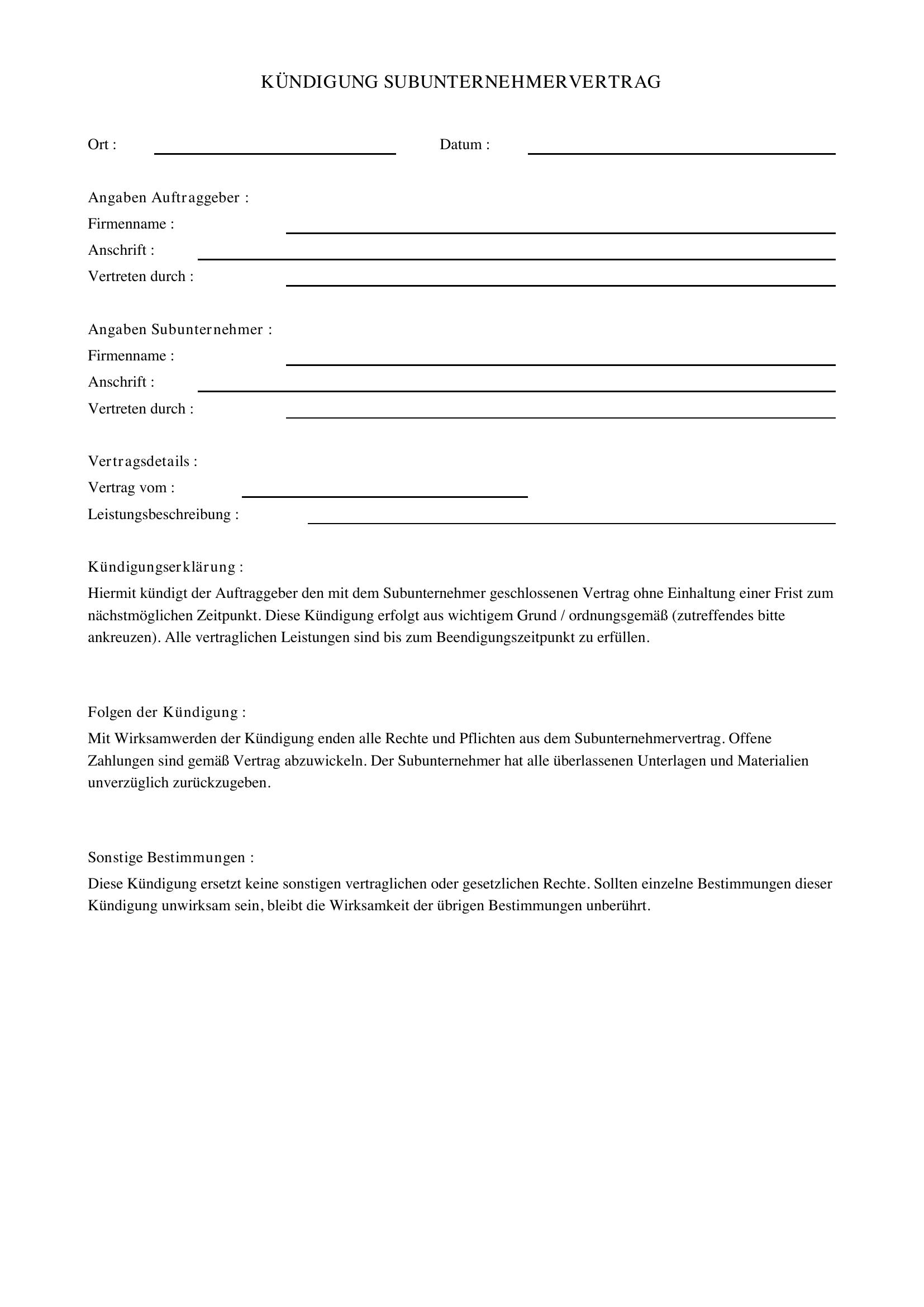 Kündigung Subunternehmervertrag Vorlage