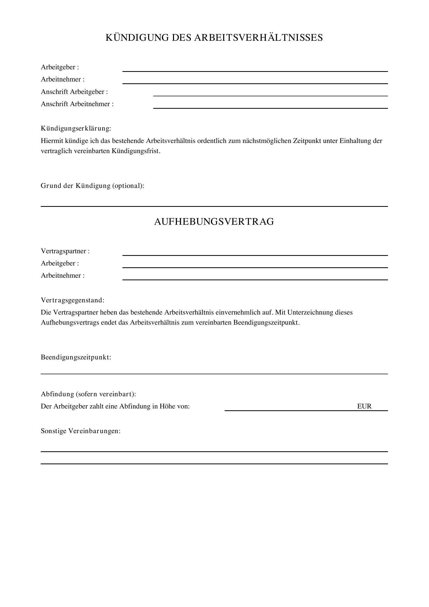 Kündigung Und Aufhebungsvertrag Gleichzeitig Vorlage