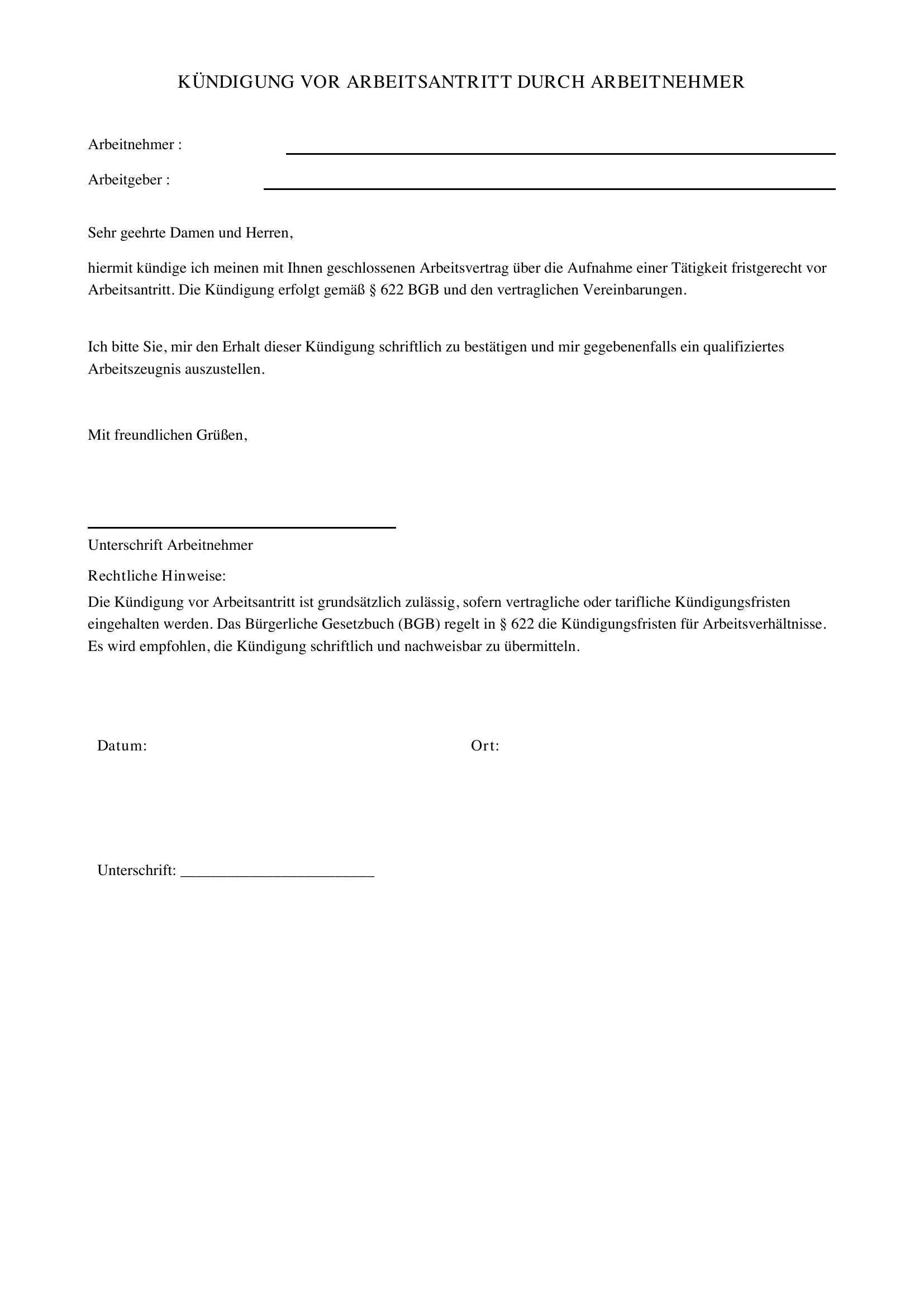 Kündigung Vor Arbeitsantritt Durch Arbeitnehmer Muster