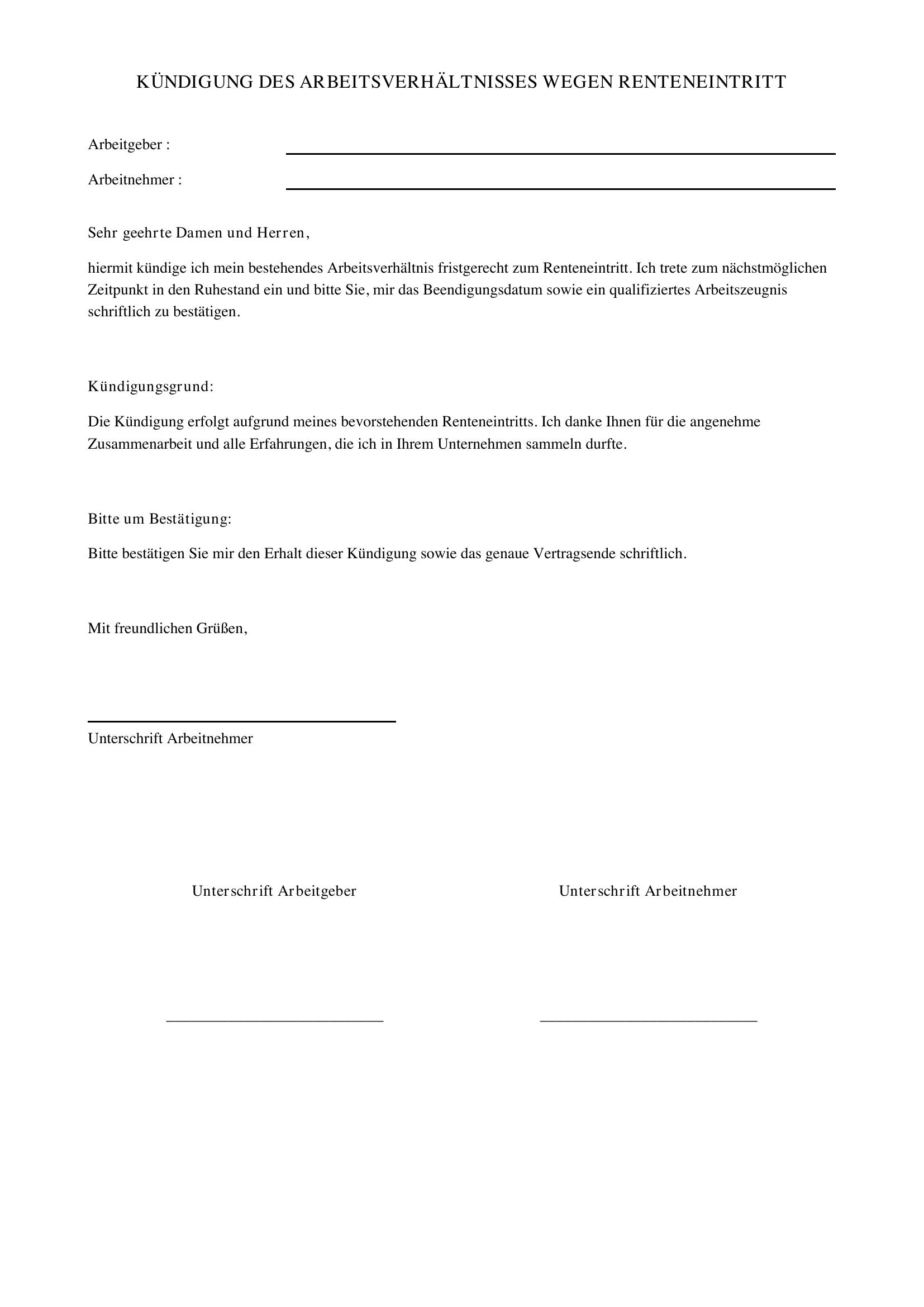 Kündigung Wegen Renteneintritt