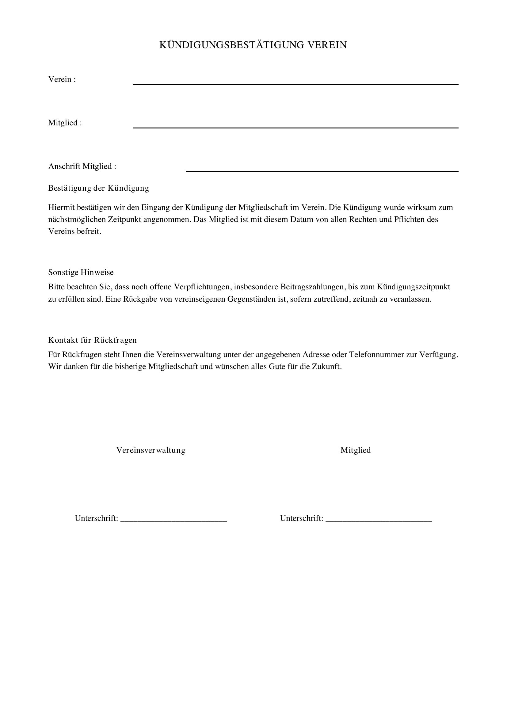 Kündigungsbestätigung Verein