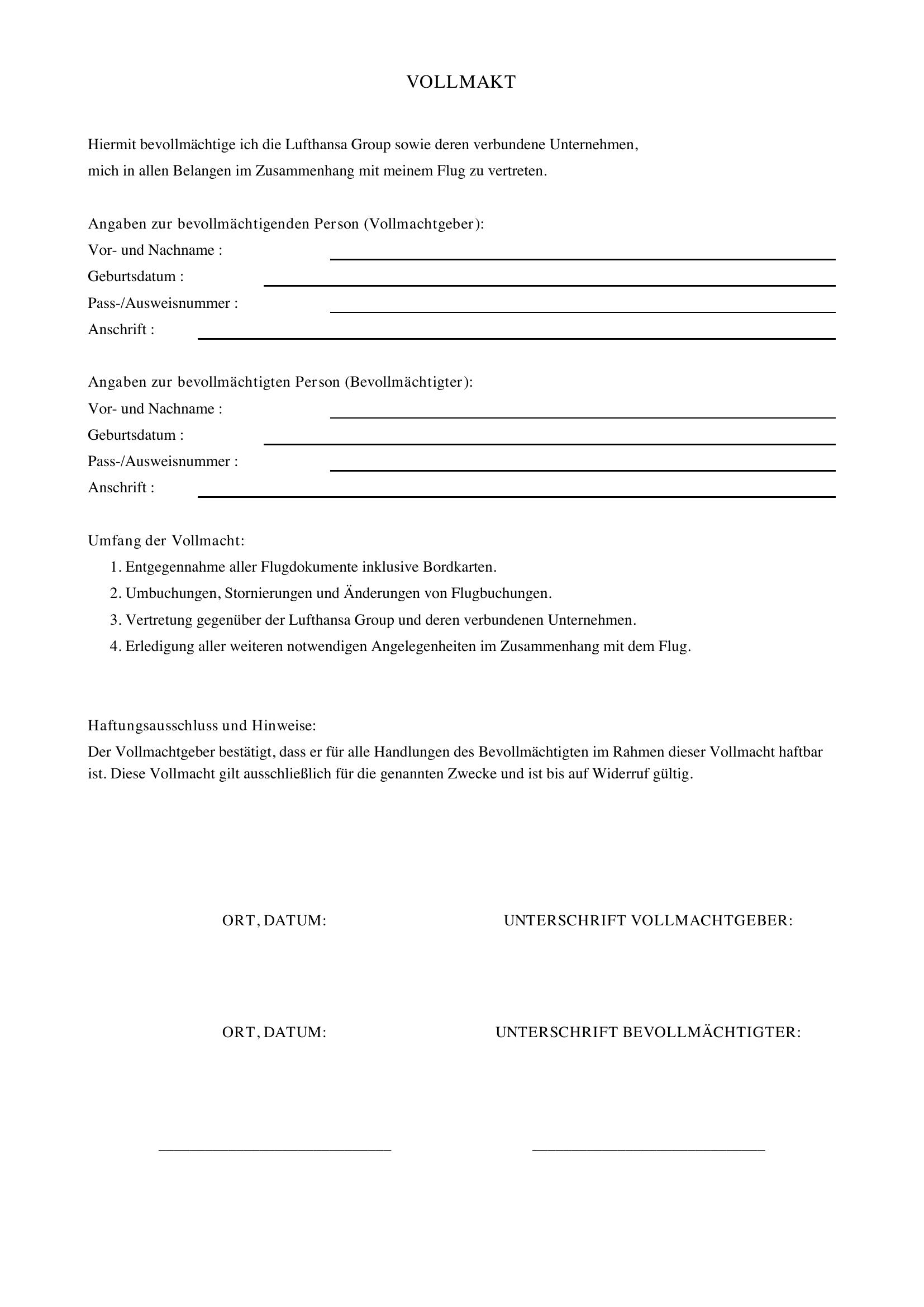 Lufthansa Vollmacht Formular