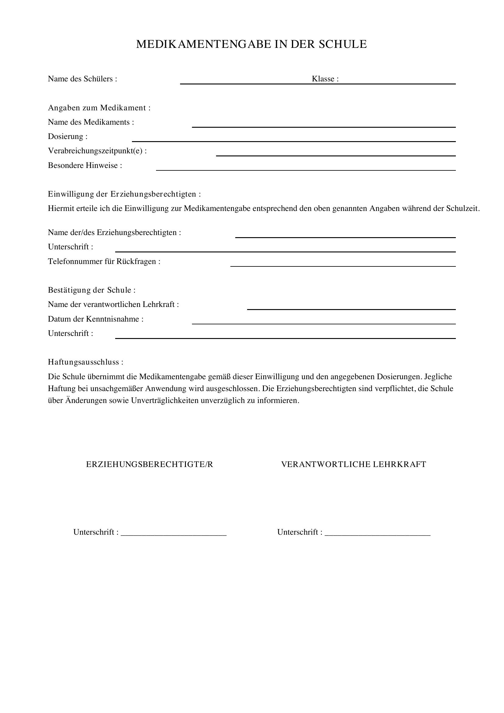 Medikamentengabe Schule Vordruck