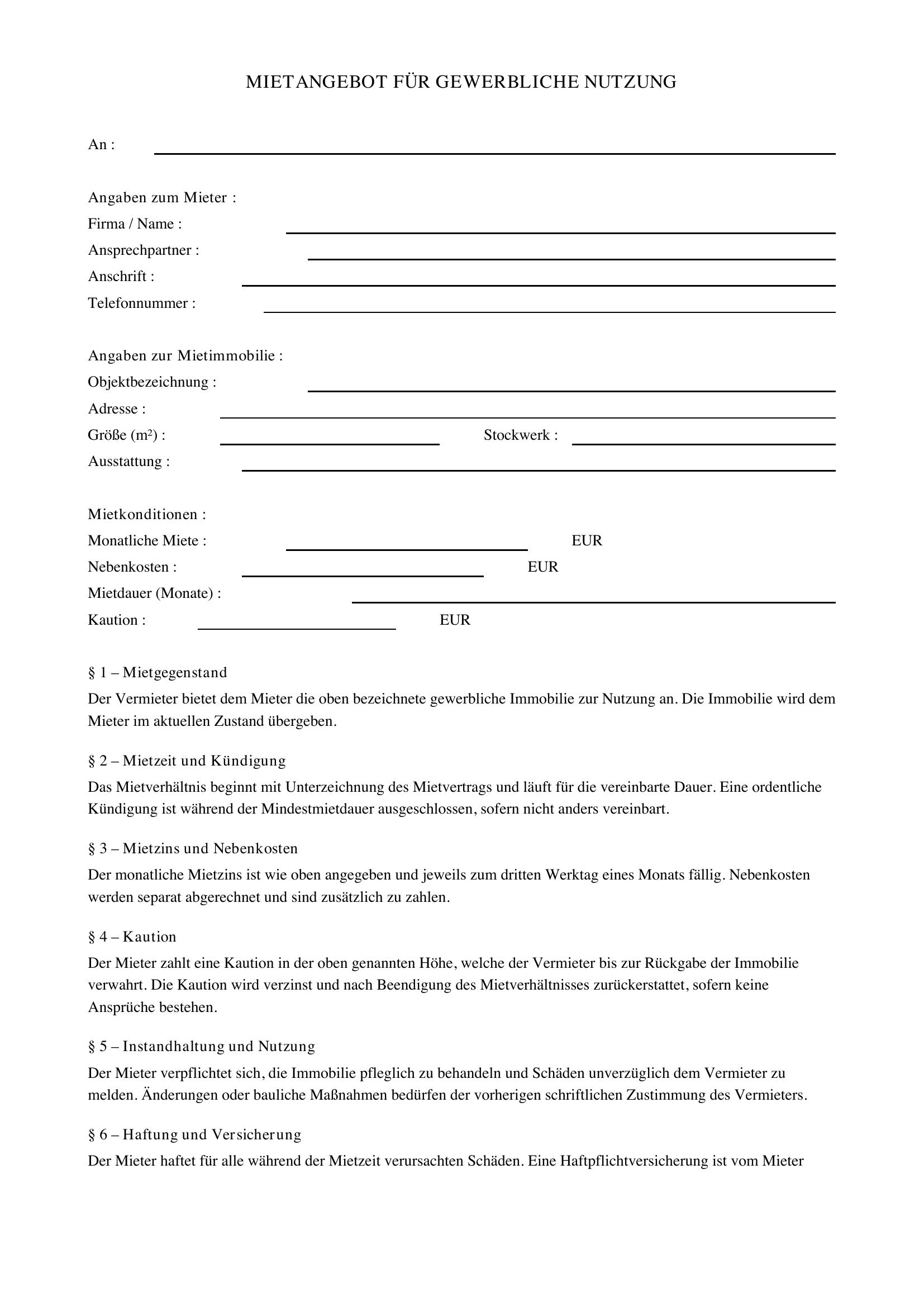 Mietangebot Vorlage