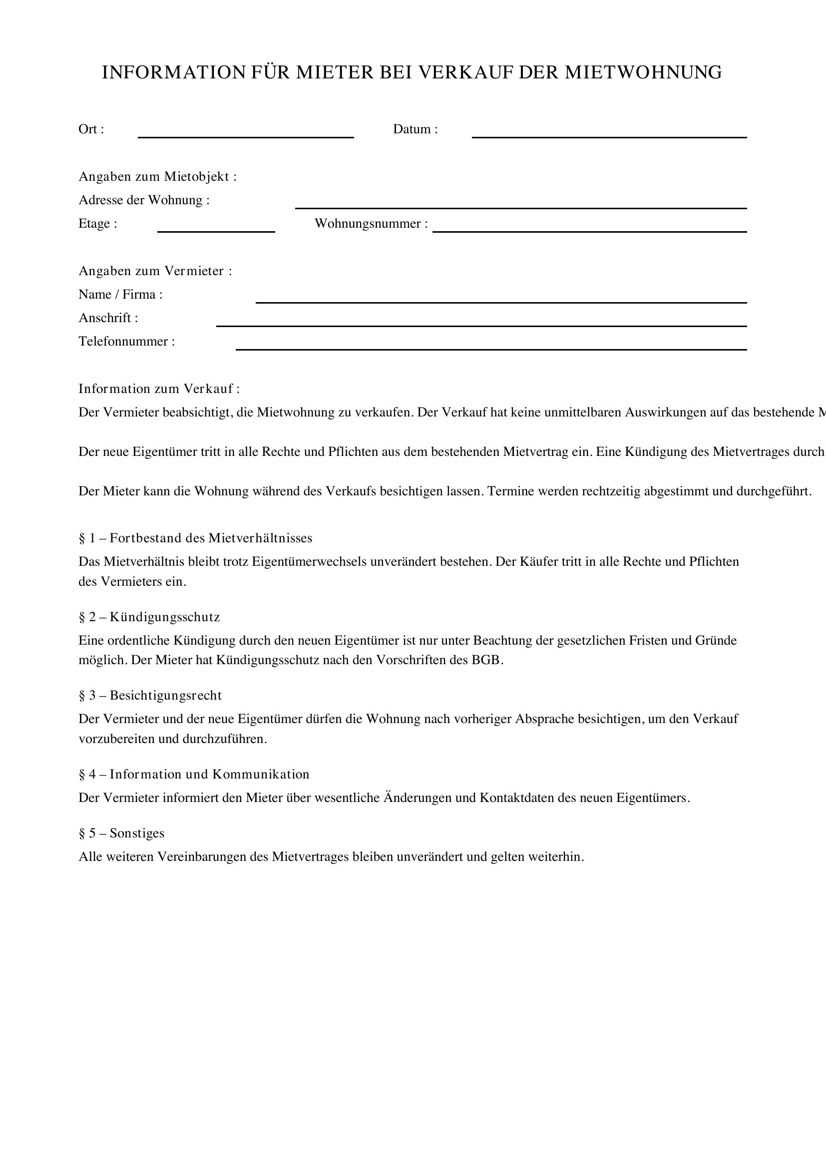 Mieter Über Verkauf Informieren Vorlage