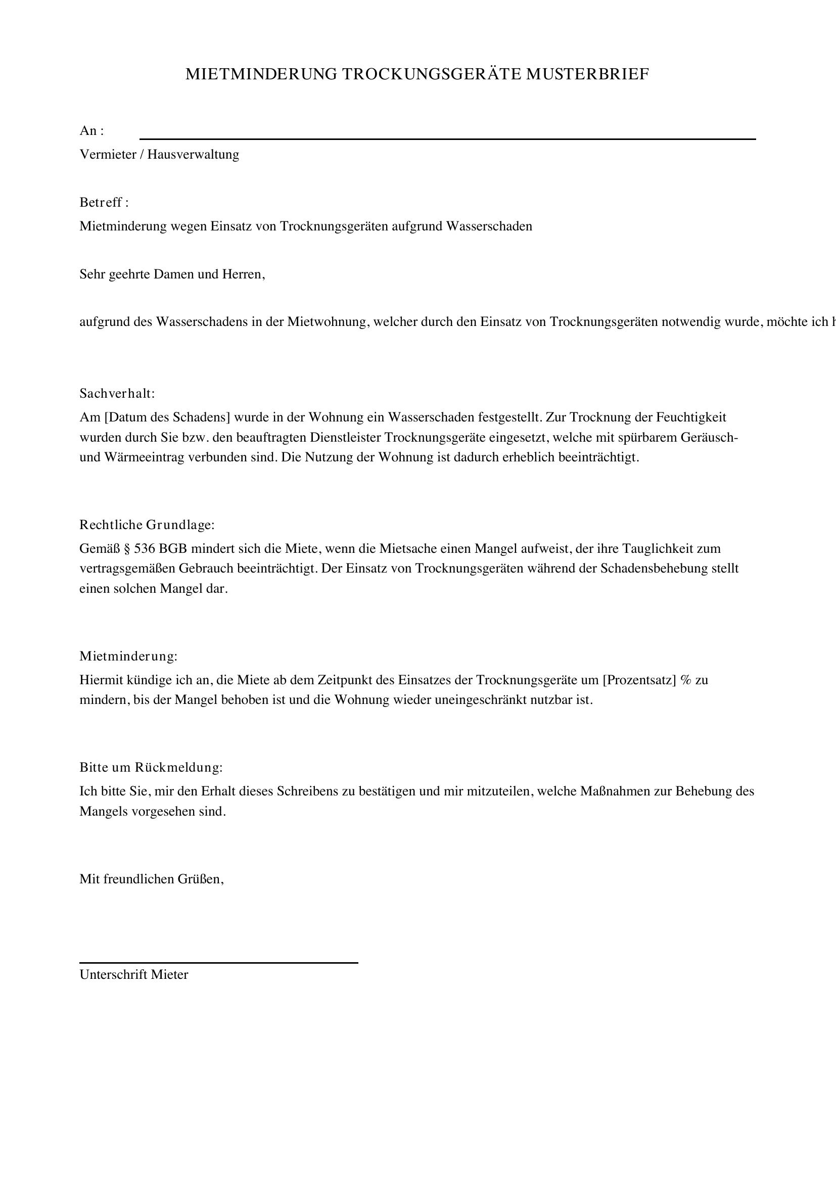 Mietminderung Trocknungsgeräte Musterbrief