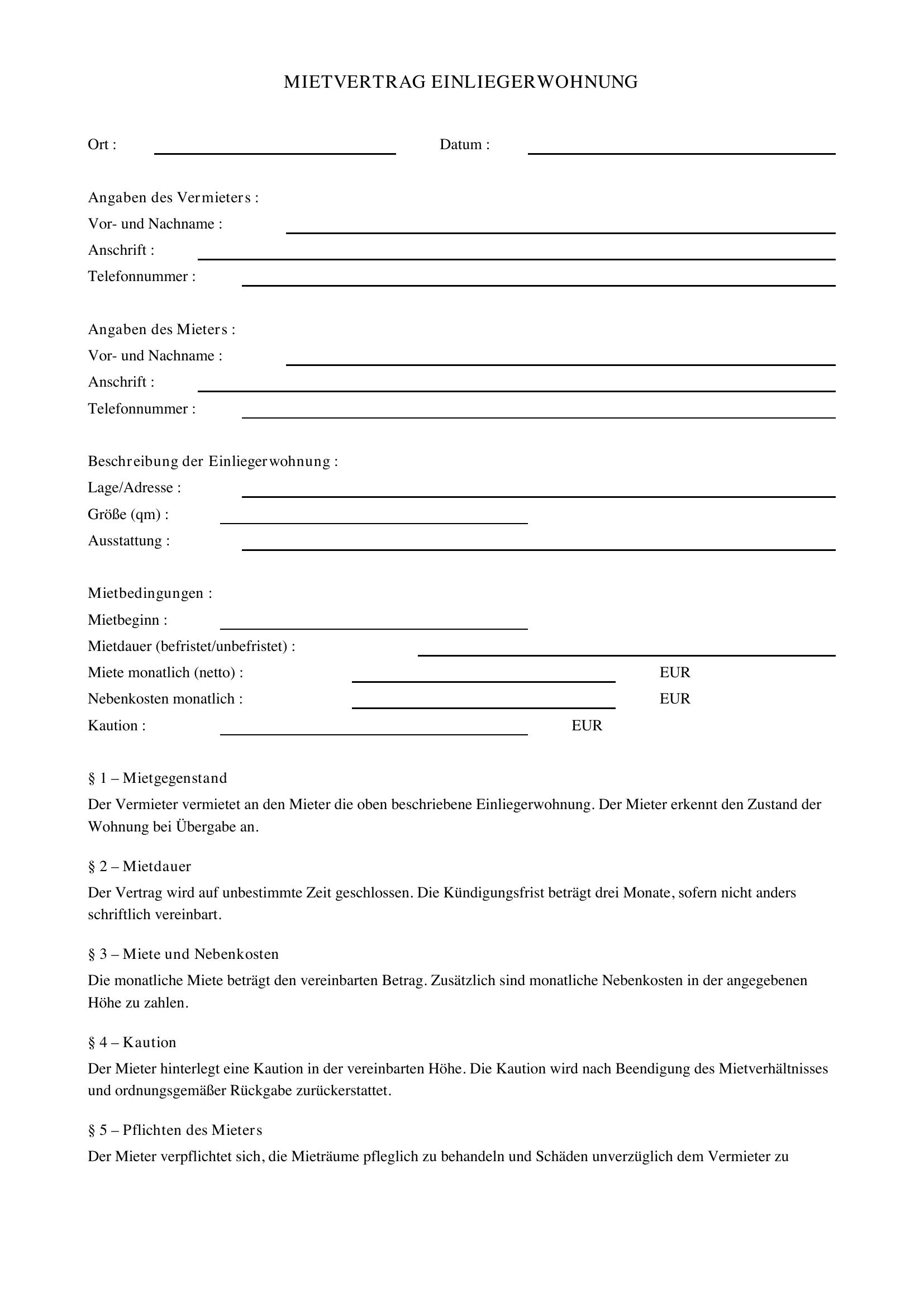 Mietvertrag Einliegerwohnung