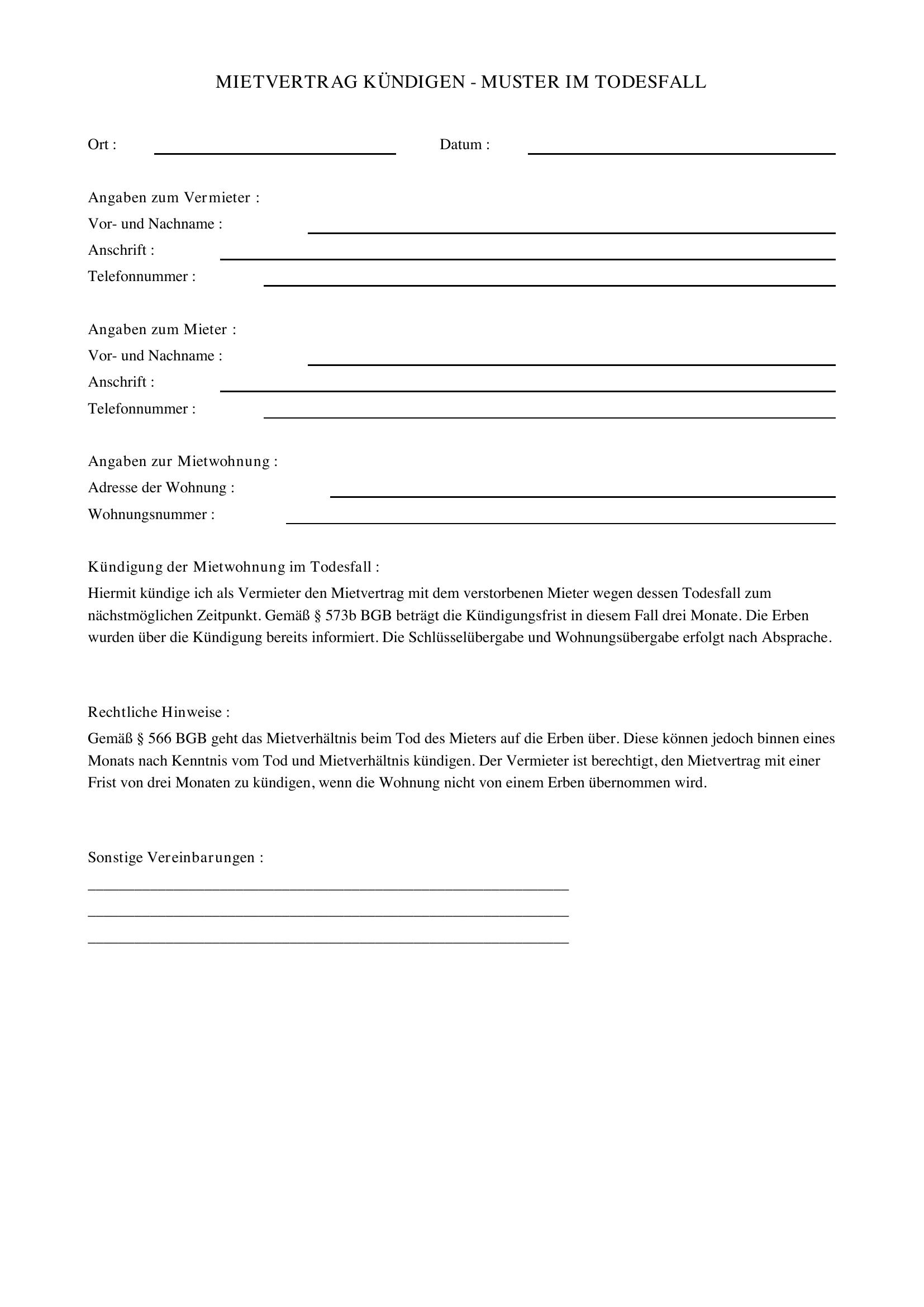 Mietvertrag Kündigen Todesfall Muster
