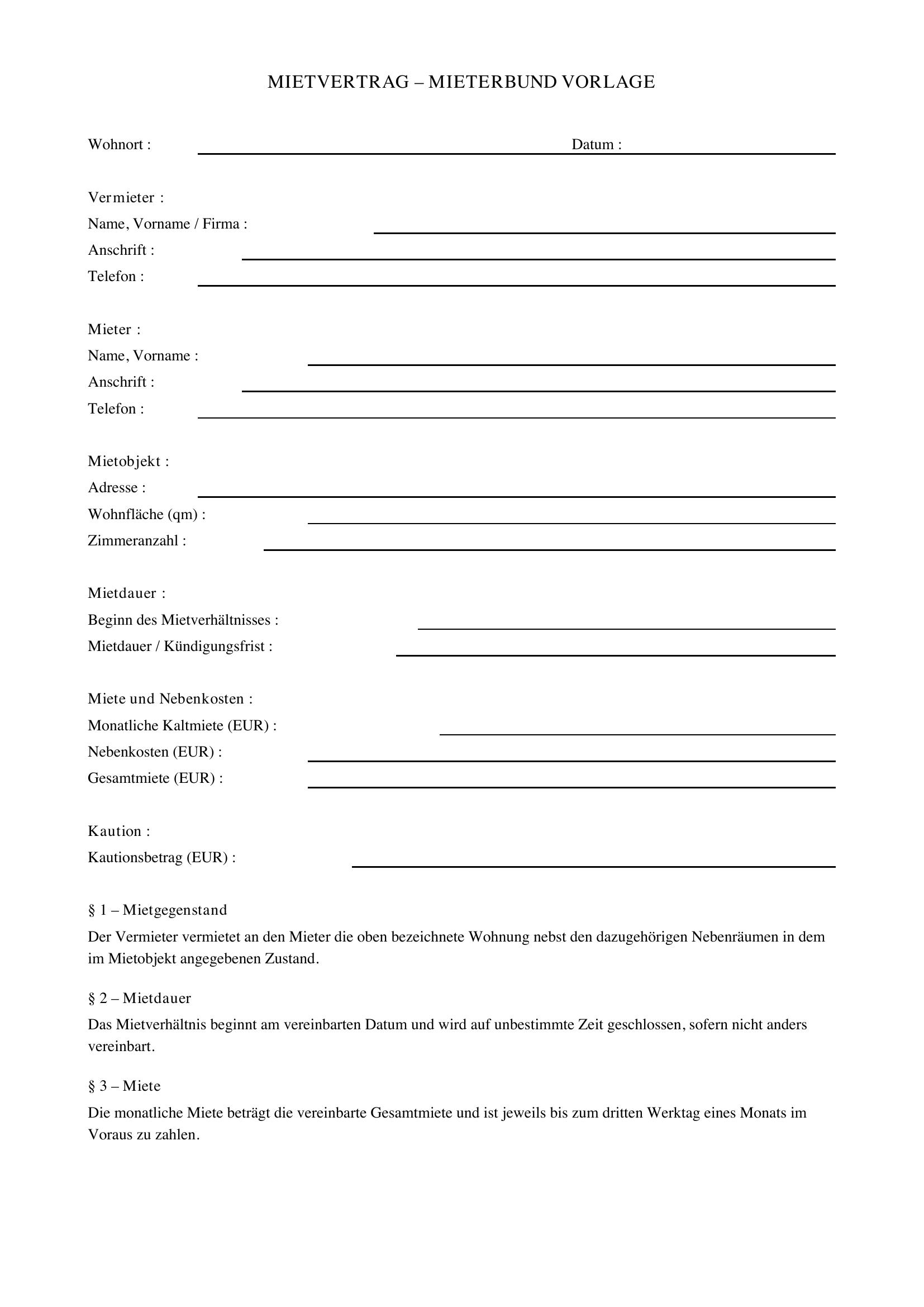 Mietvertrag Vorlage Mieterbund