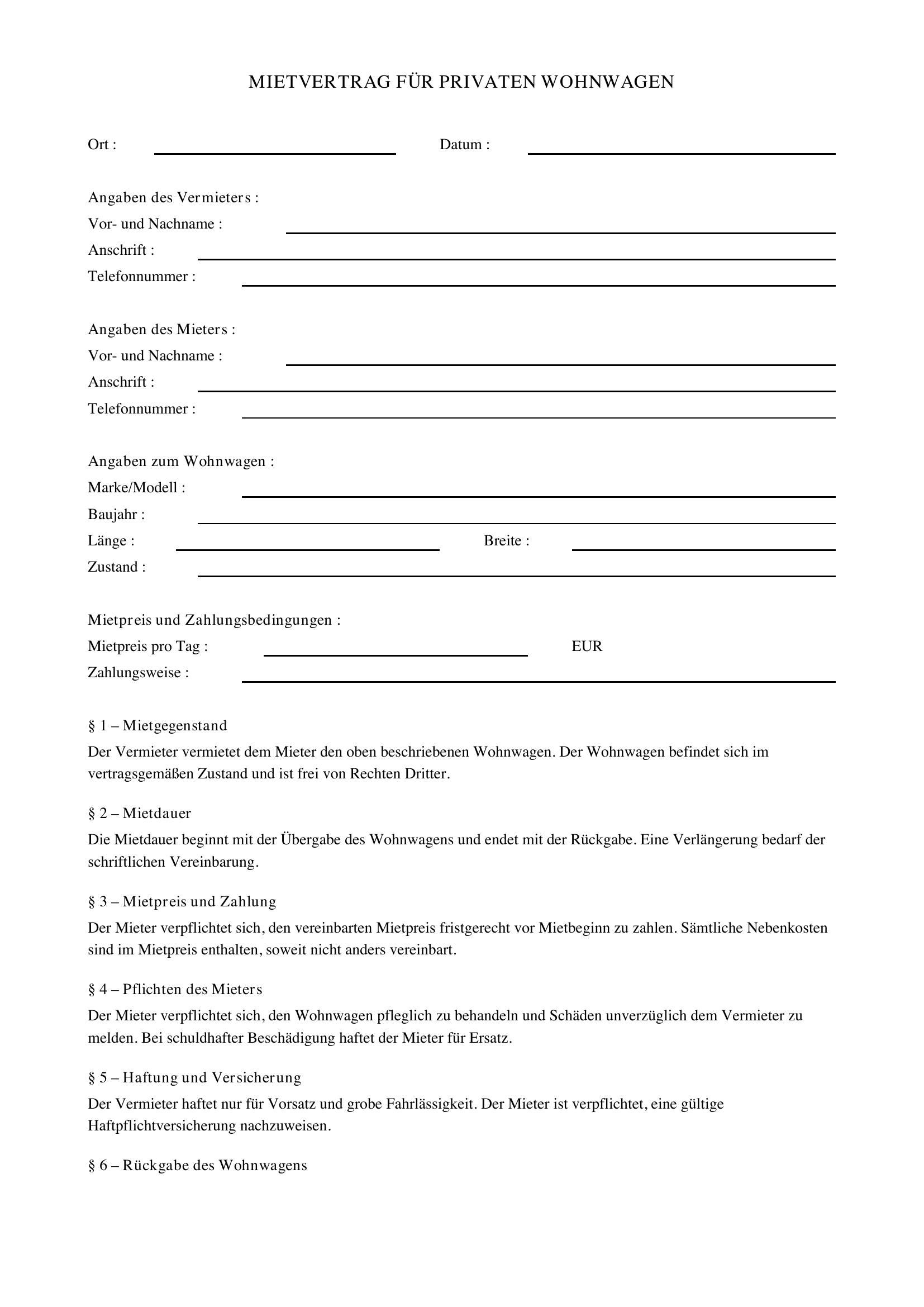Mietvertrag Wohnwagen Privat
