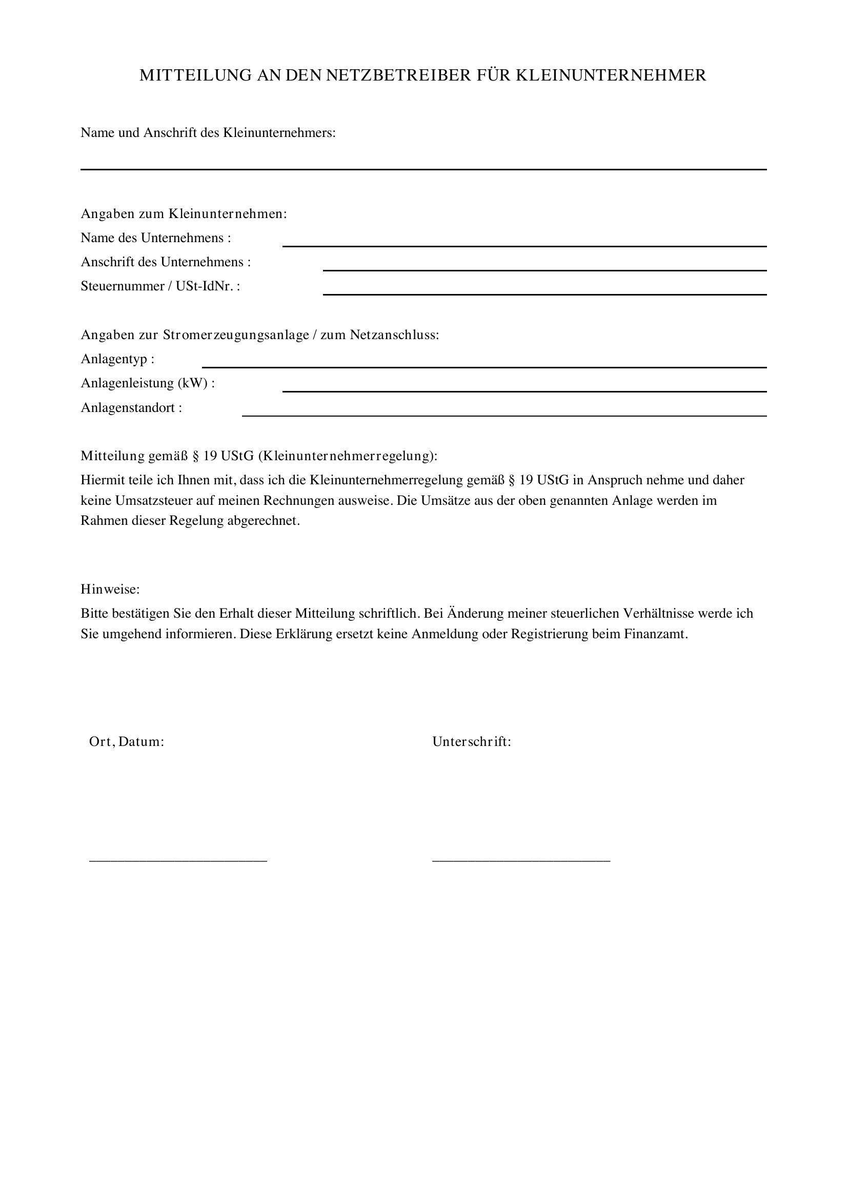 Mitteilung Netzbetreiber Kleinunternehmer Muster