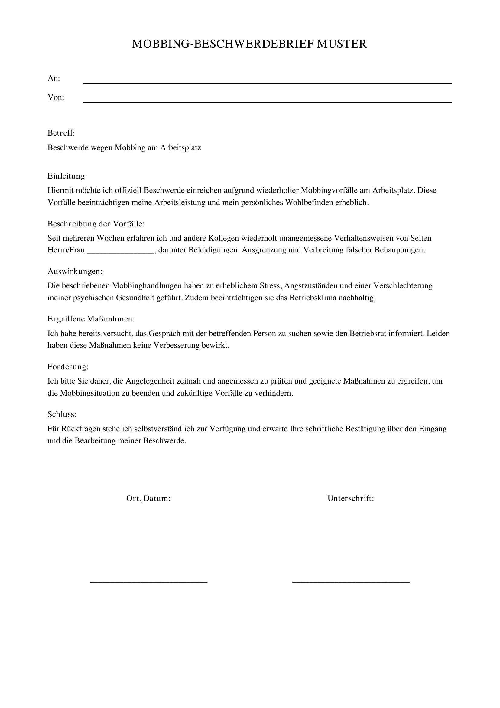 Mobbing Beschwerdebrief Muster