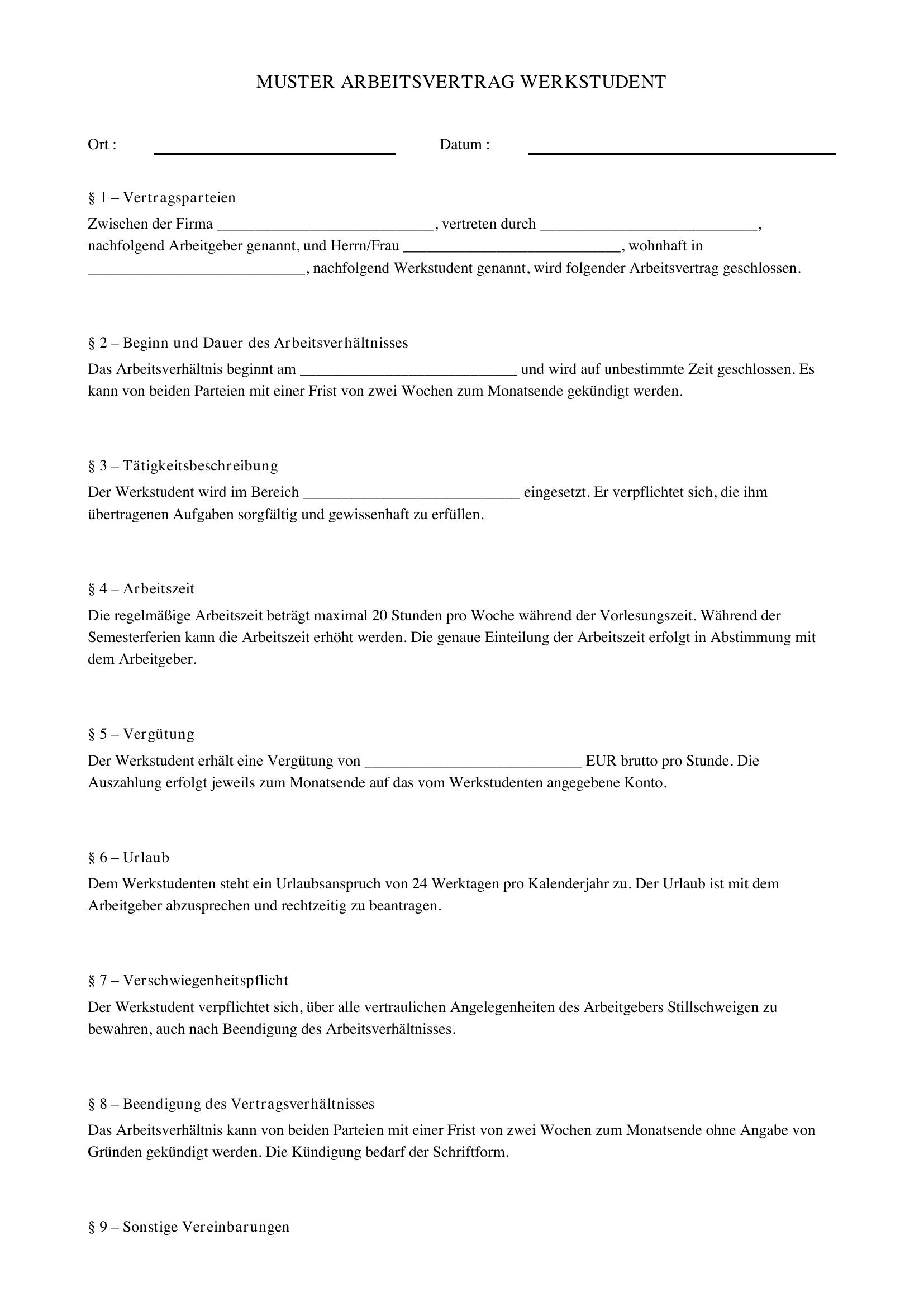 Muster Arbeitsvertrag Werkstudent Haufe