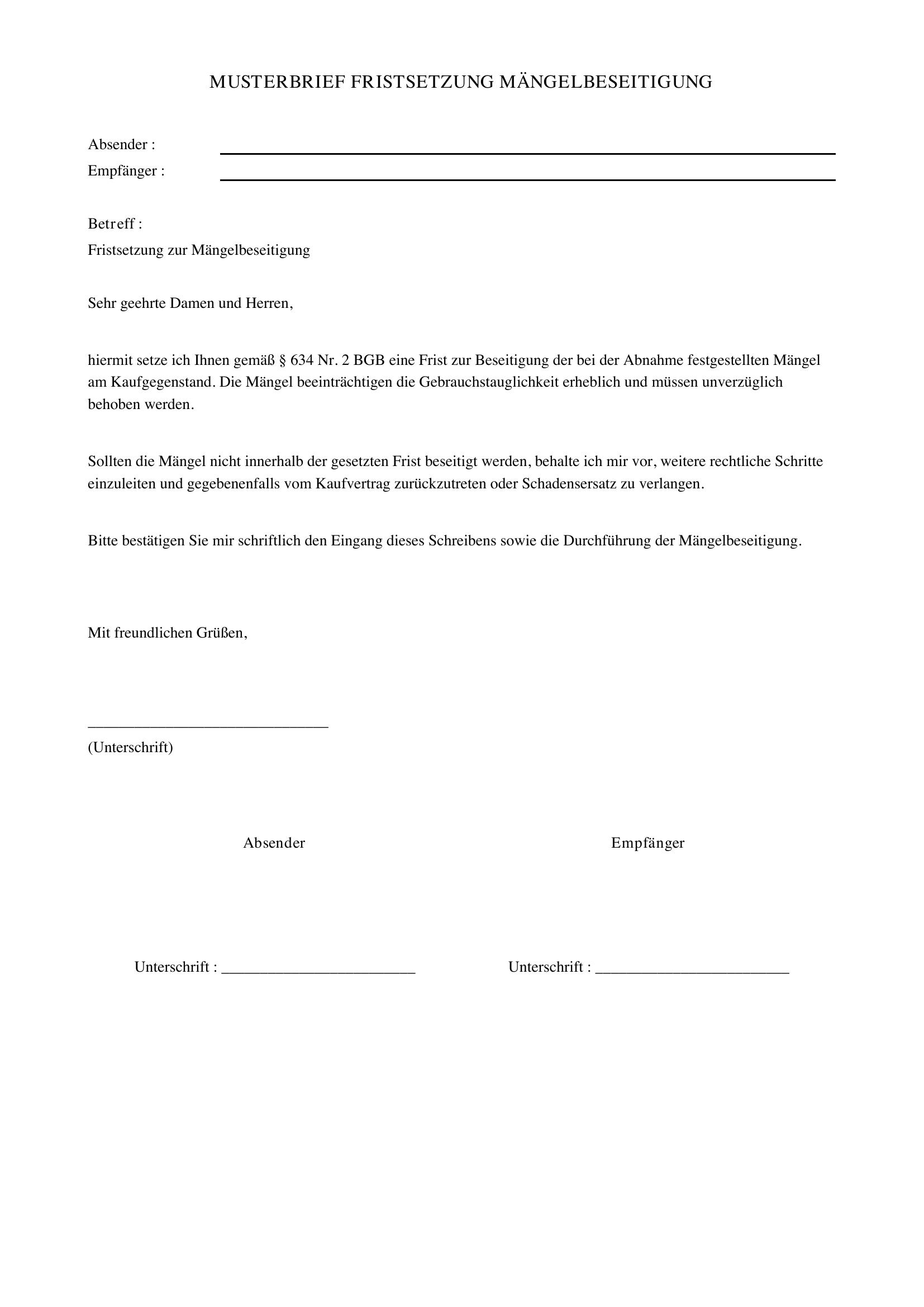 Musterbrief Fristsetzung Mängelbeseitigung