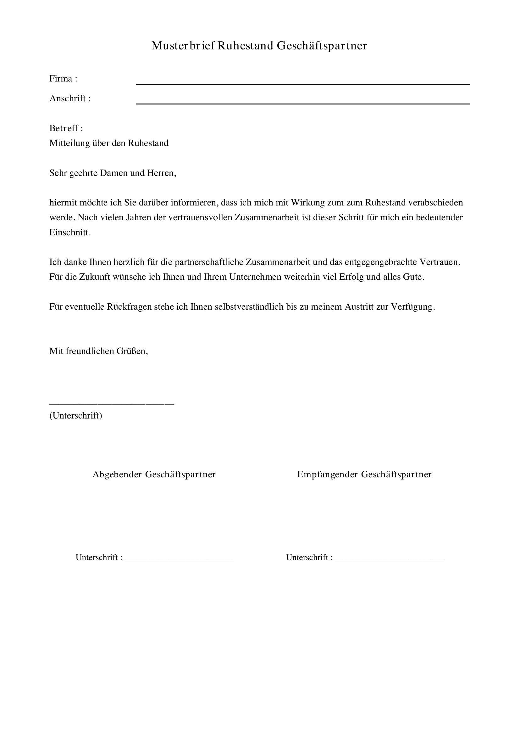 Musterbrief Ruhestand Geschäftspartner
