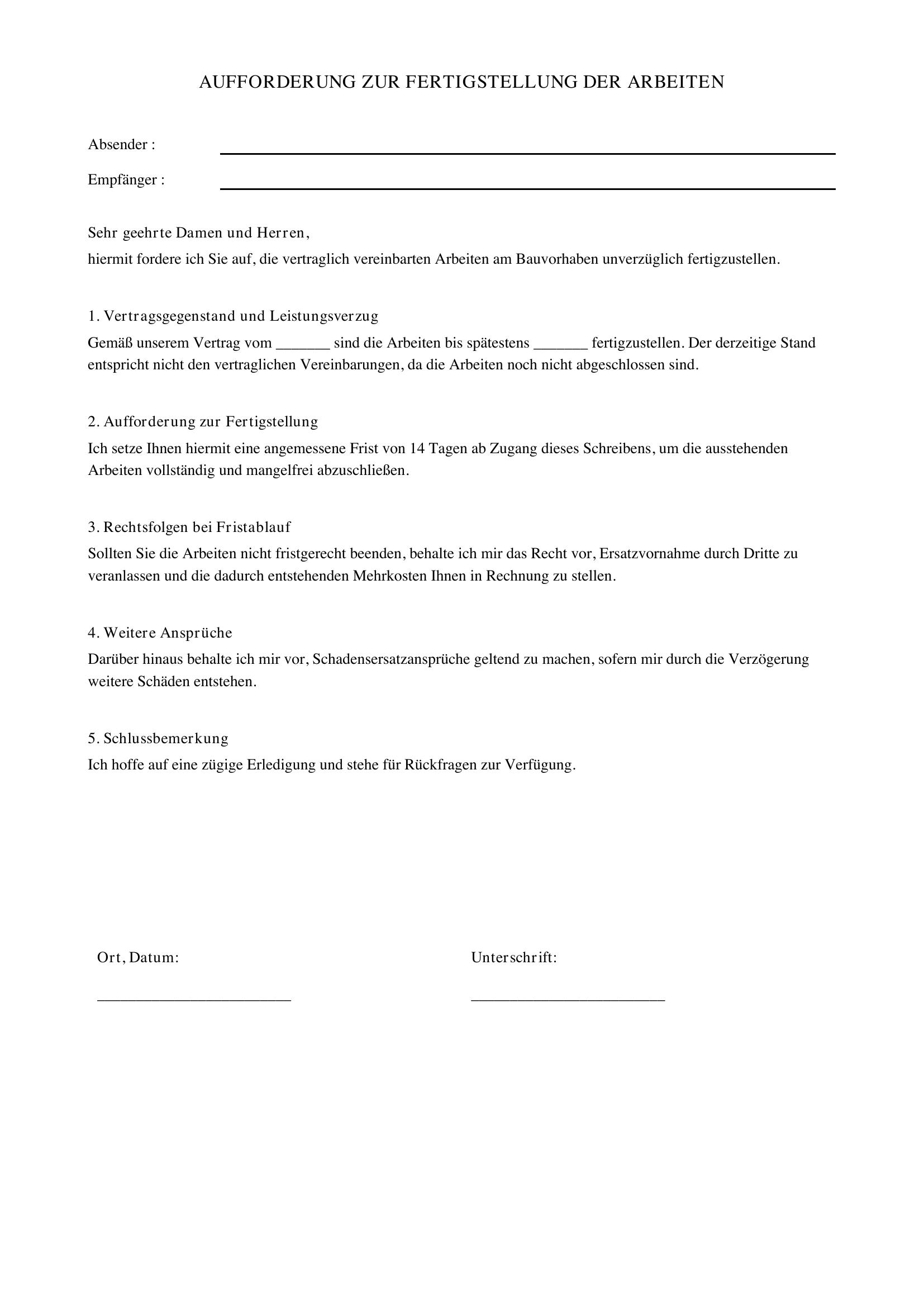 Musterschreiben Aufforderung Zur Fertigstellung Der Arbeiten