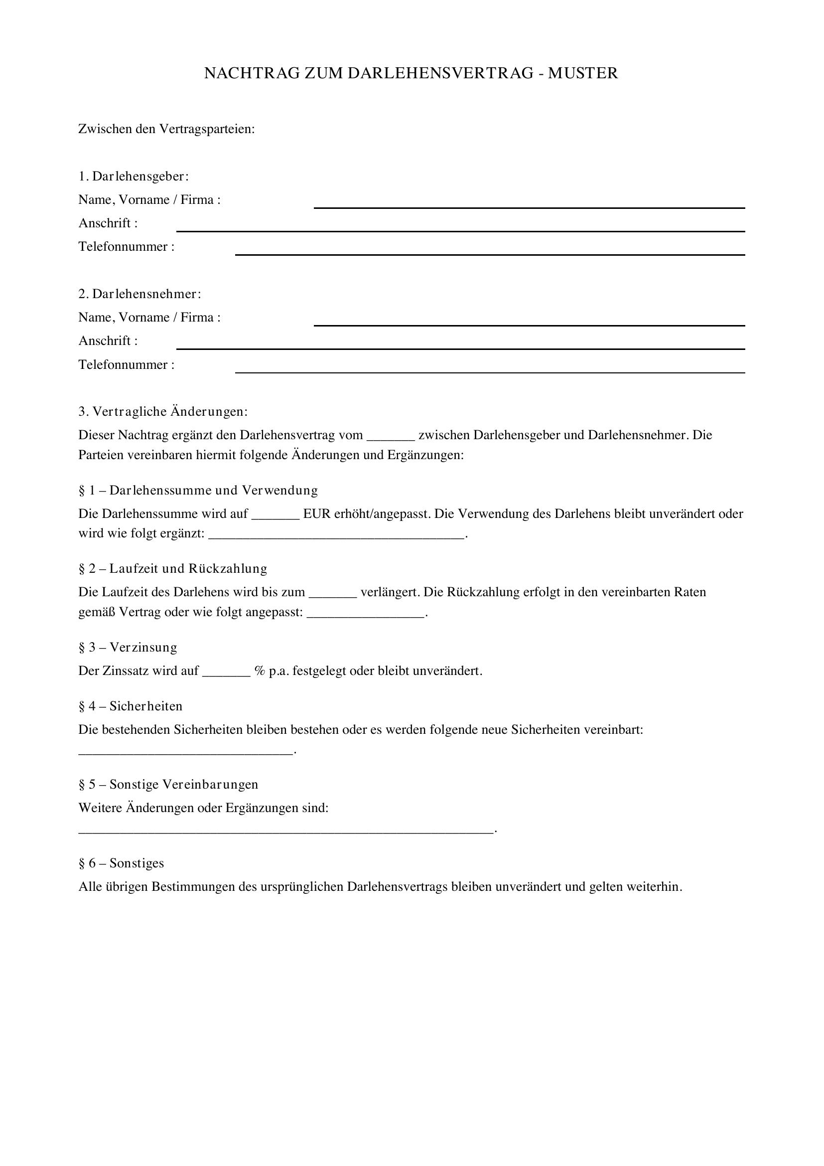 Nachtrag Zum Darlehensvertrag Muster