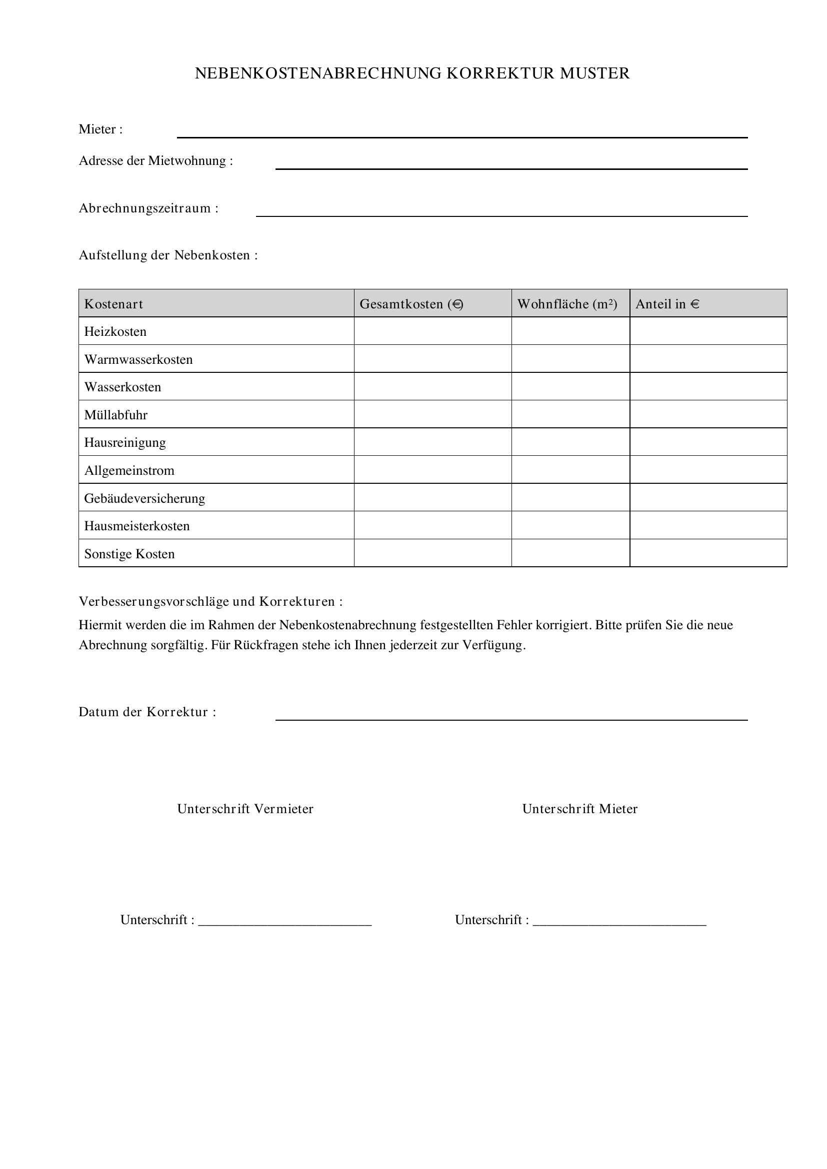Nebenkostenabrechnung Korrektur Muster