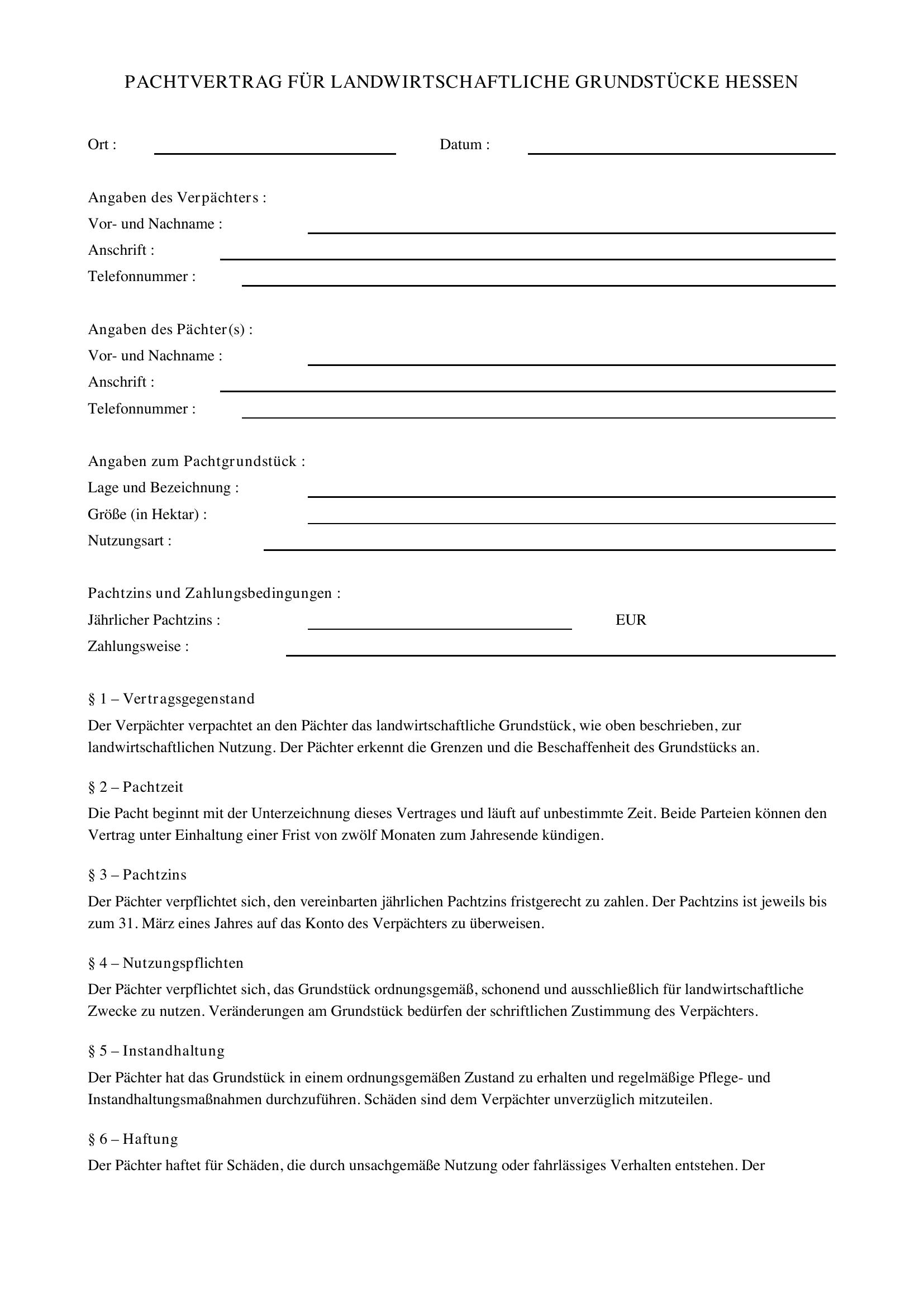 Pachtvertrag Für Landwirtschaftliche Grundstücke Hessen