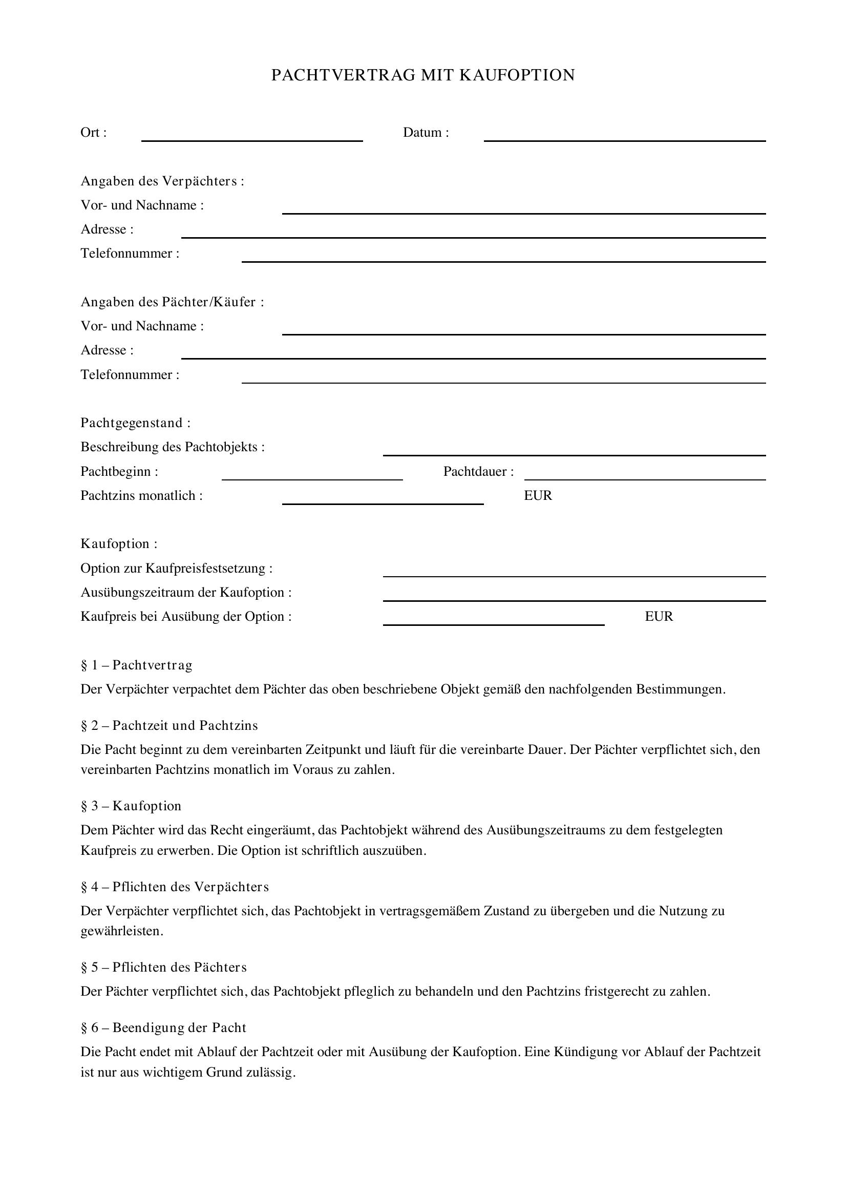 Pachtvertrag Mit Kaufoption