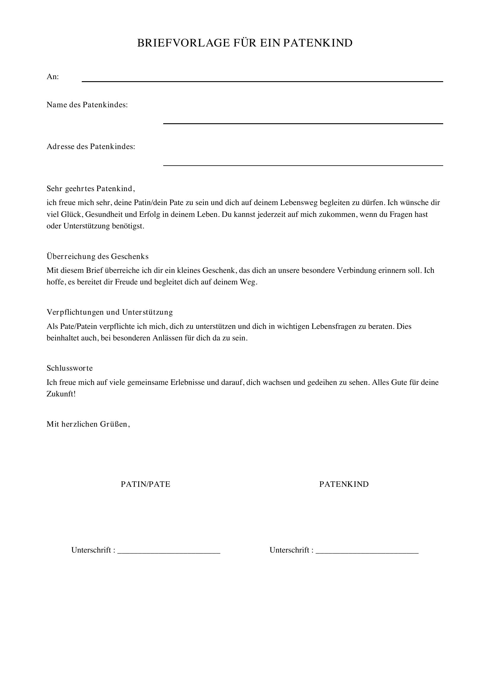 Patenkind Brief Schreiben Vorlage