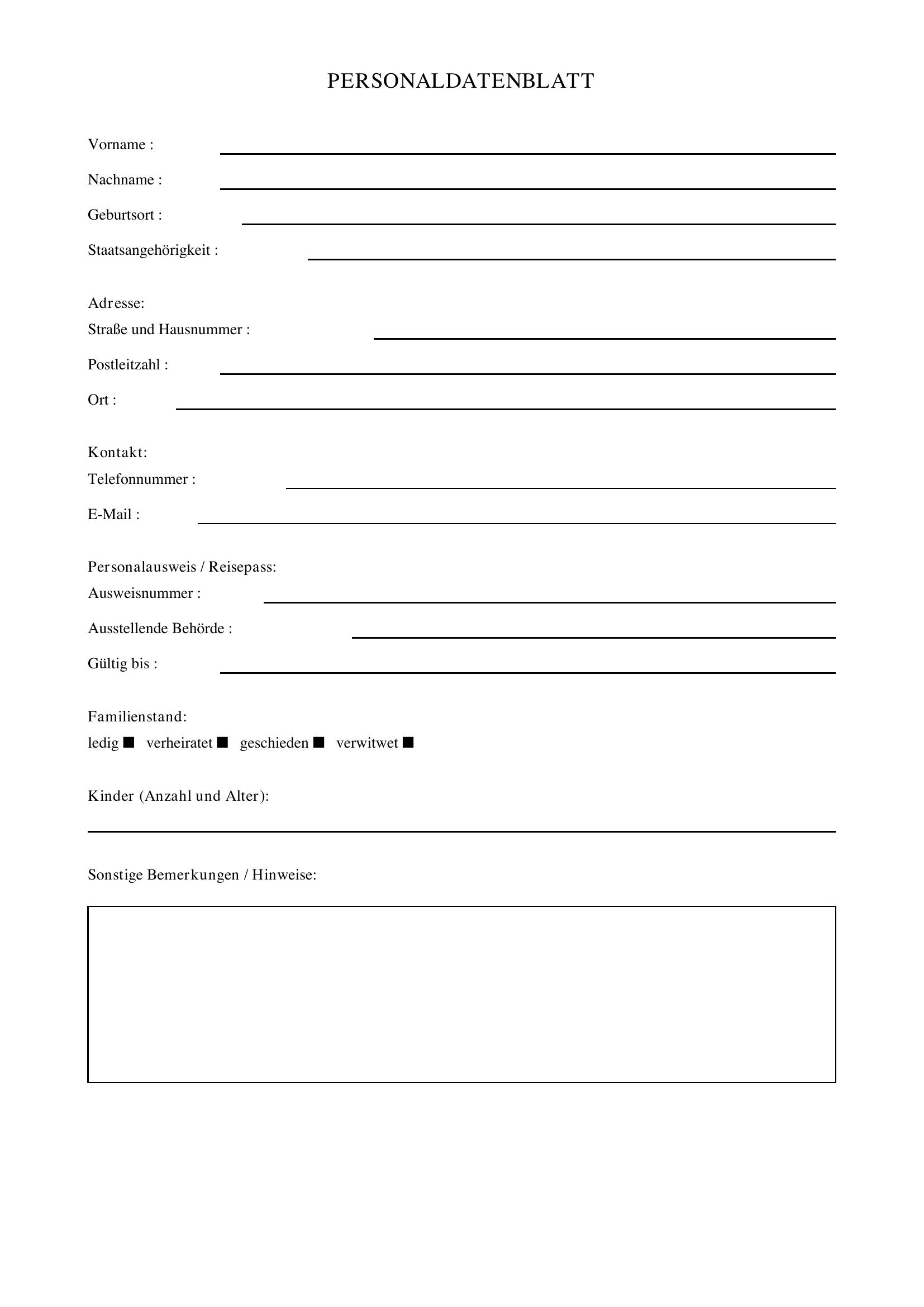 Personaldatenblatt Vorlage