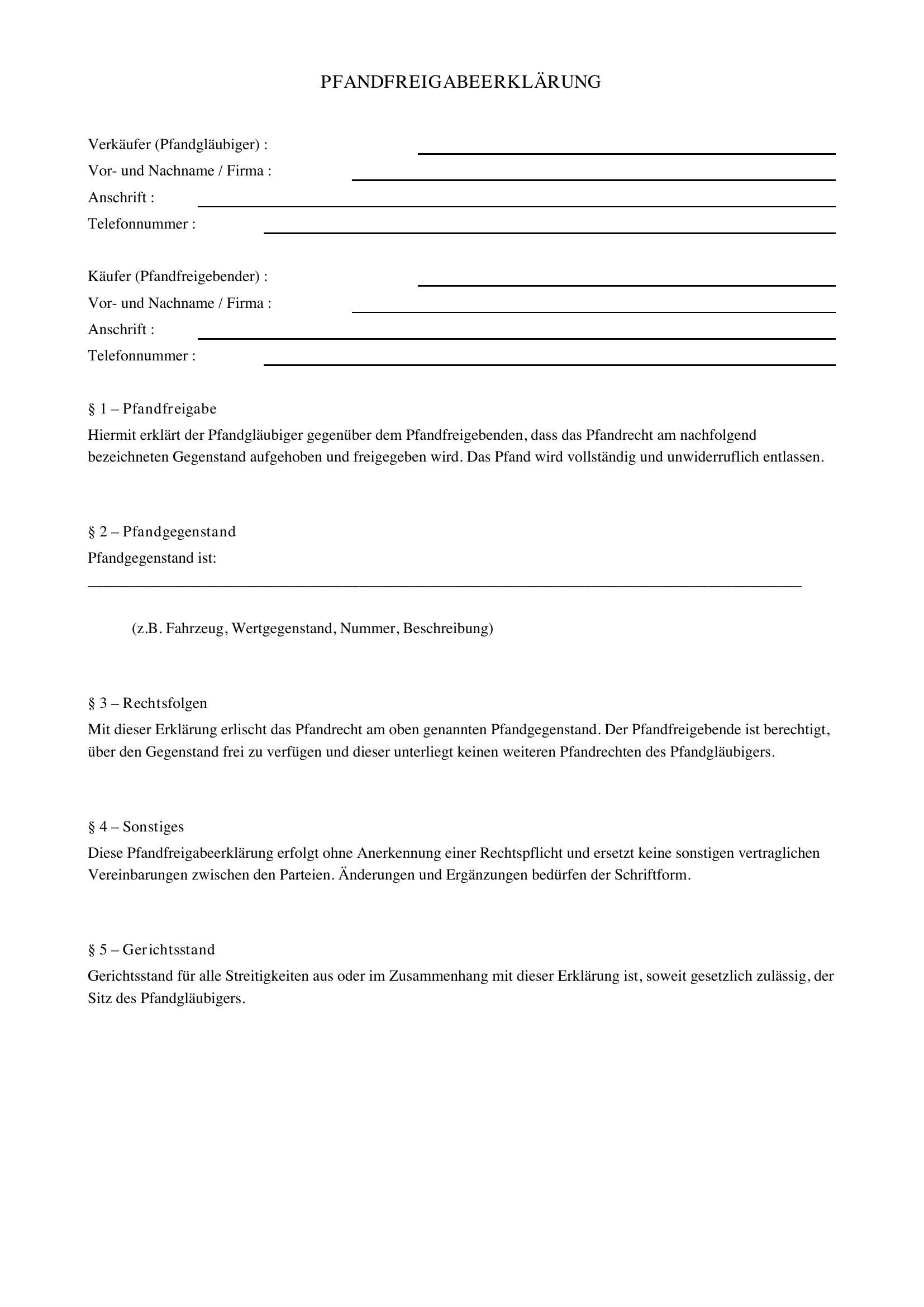 Pfandfreigabeerklärung Muster