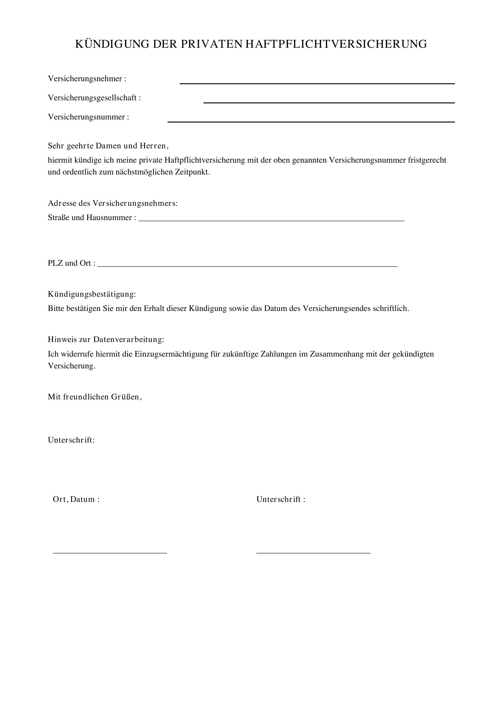 Private Haftpflichtversicherung Kündigung Vorlage