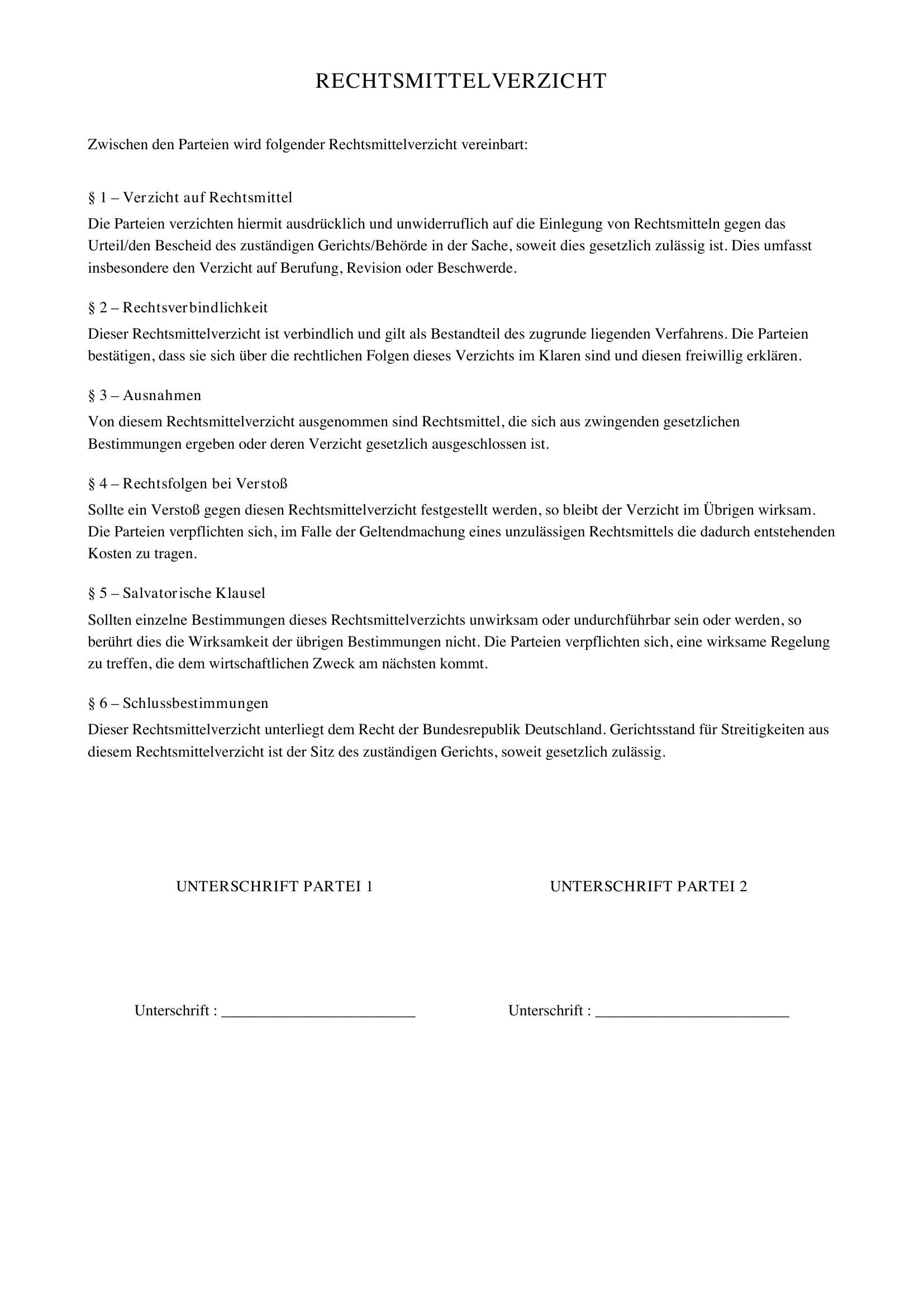 Rechtsmittelverzicht Muster