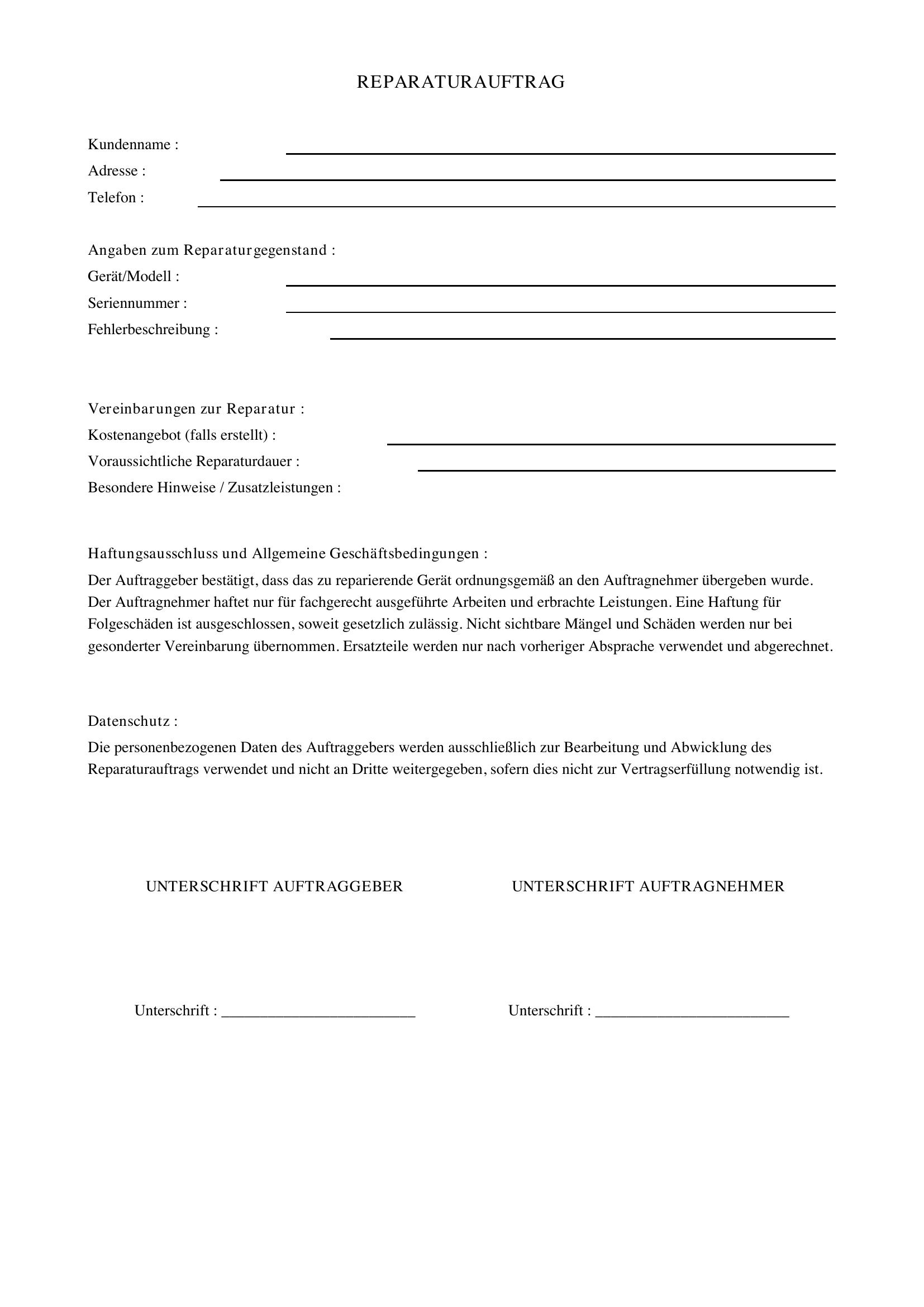 Reparatur Auftrag Muster