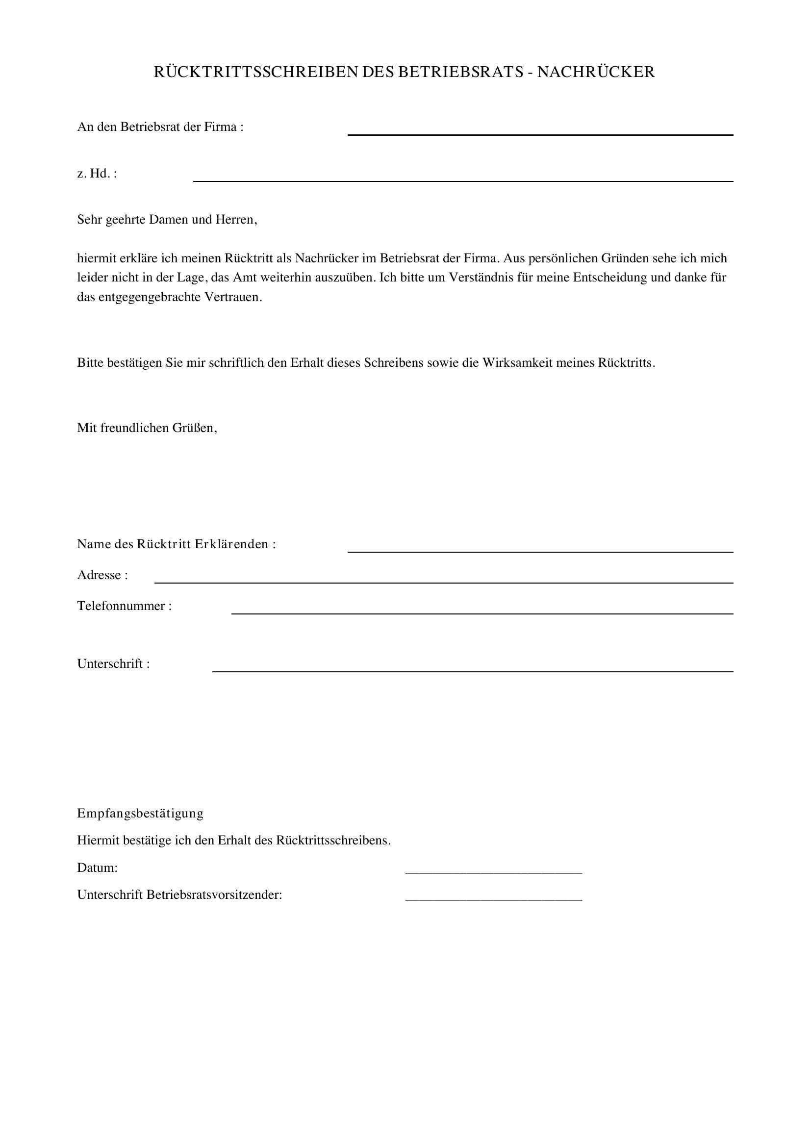 Rücktritt Betriebsrat Nachrücker Musterbrief