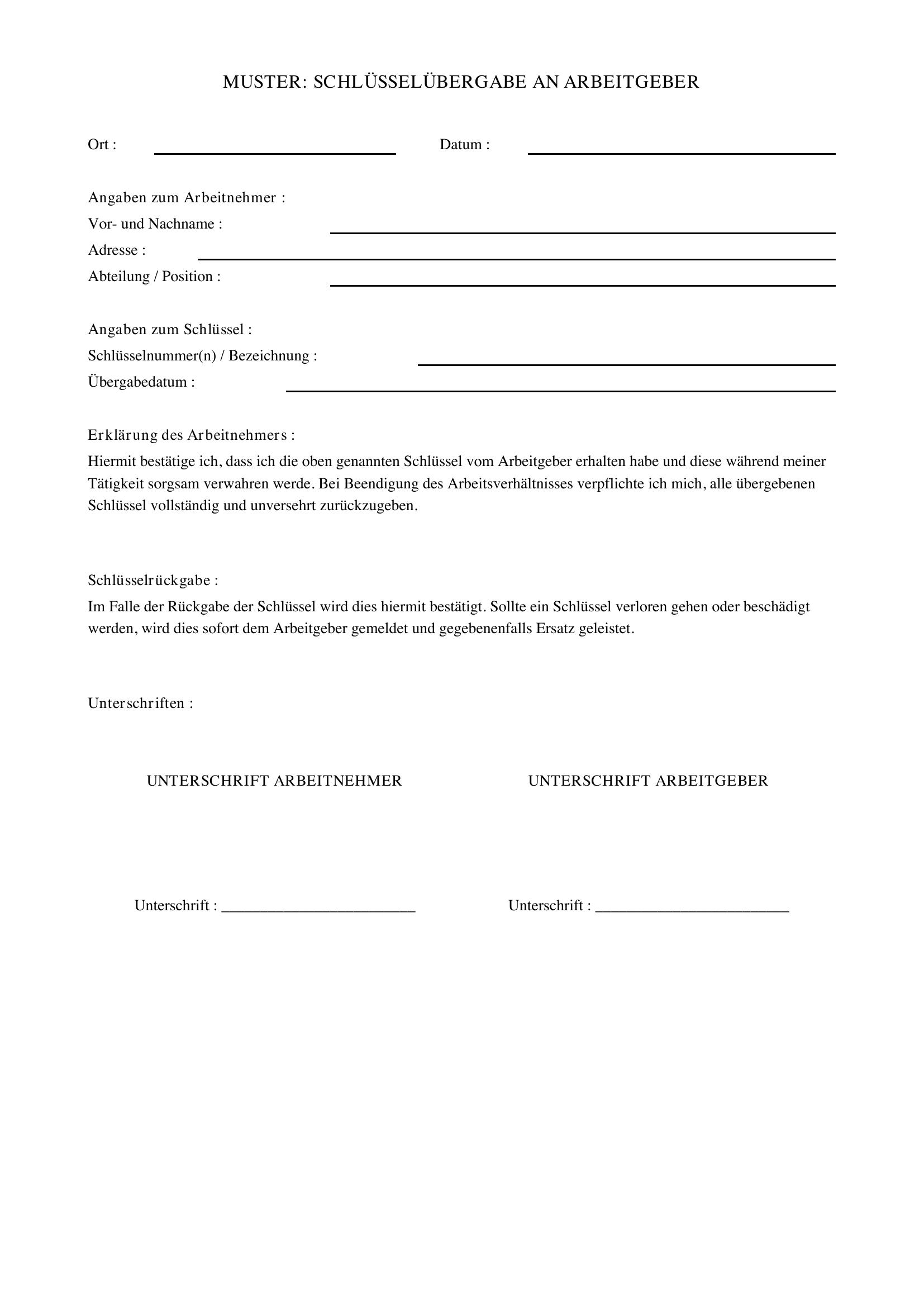 Schlüsselrückgabe An Arbeitgeber Muster