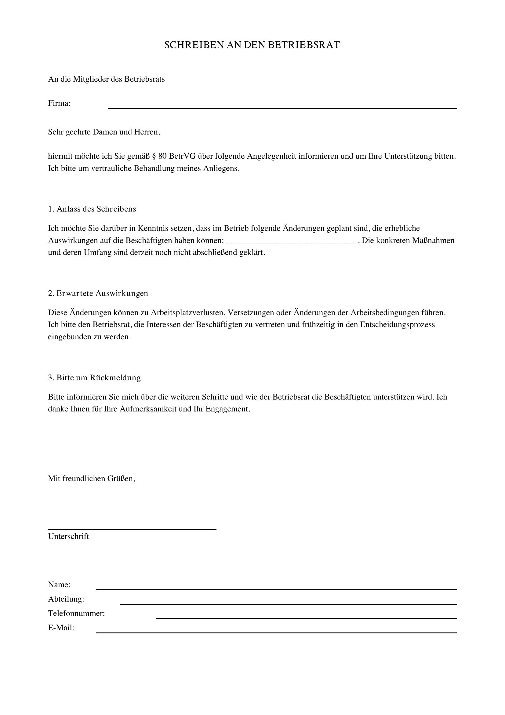 Schreiben An Betriebsrat Muster
