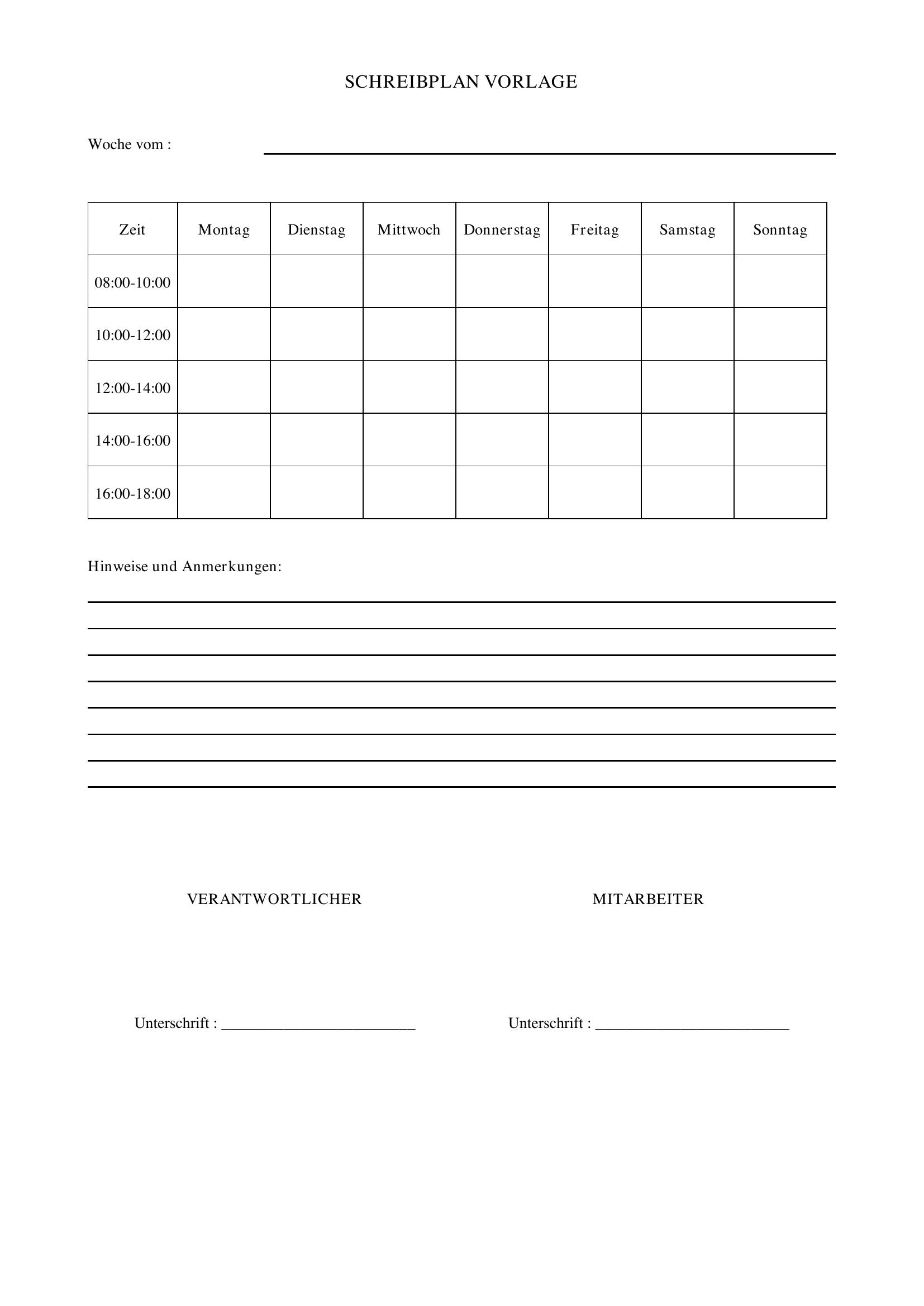 Schreibplan Vorlage