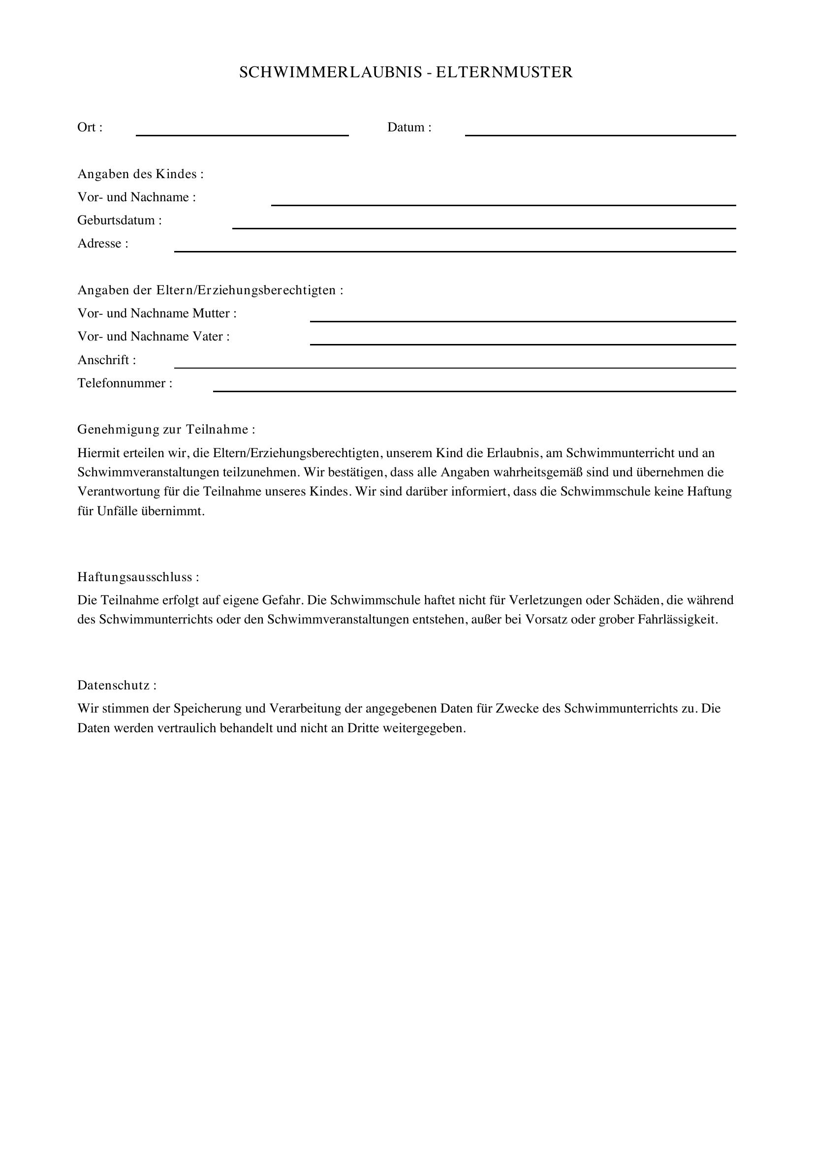 Schwimmerlaubnis Eltern Muster