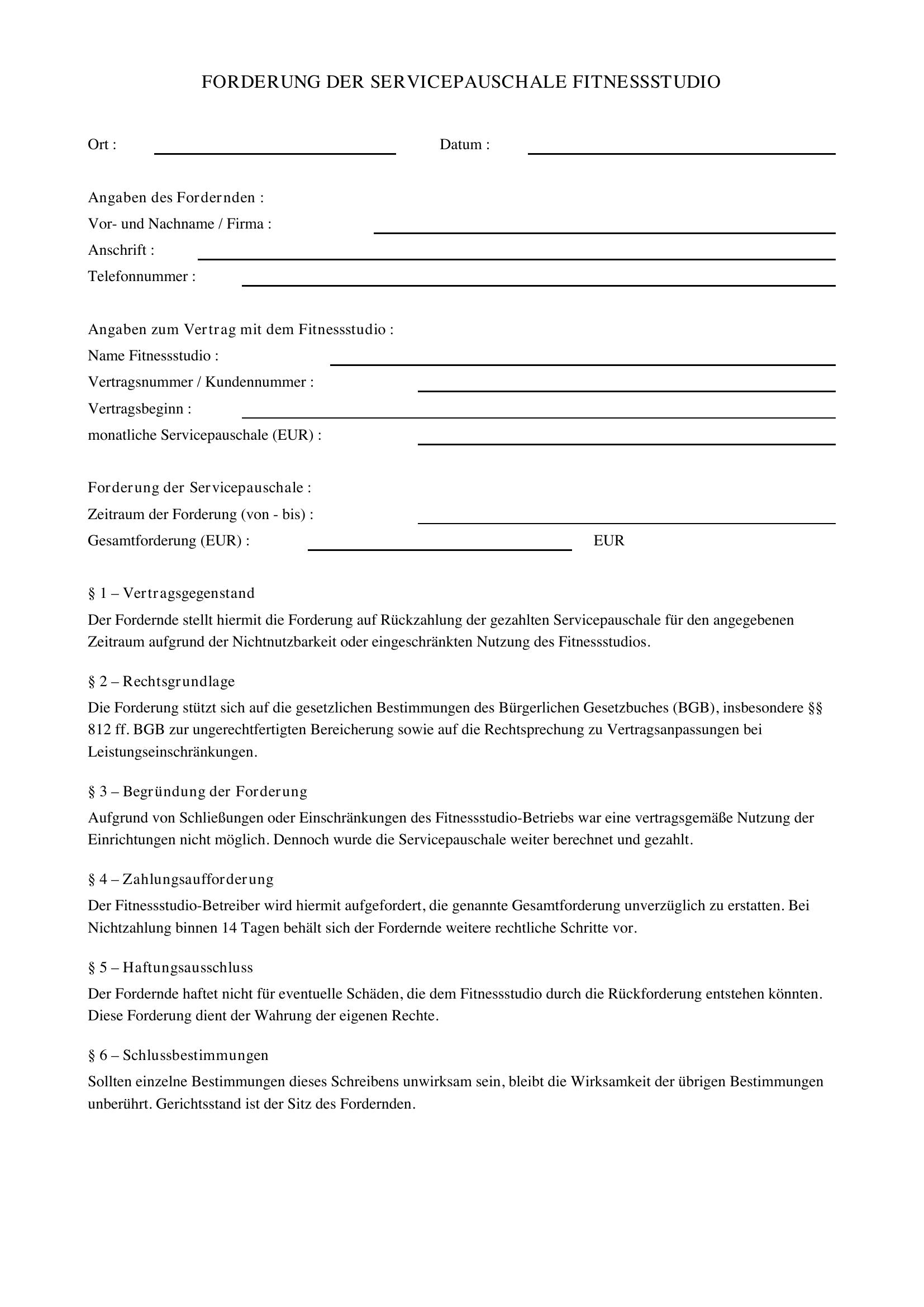 Servicepauschale Fitnessstudio Zurückfordern