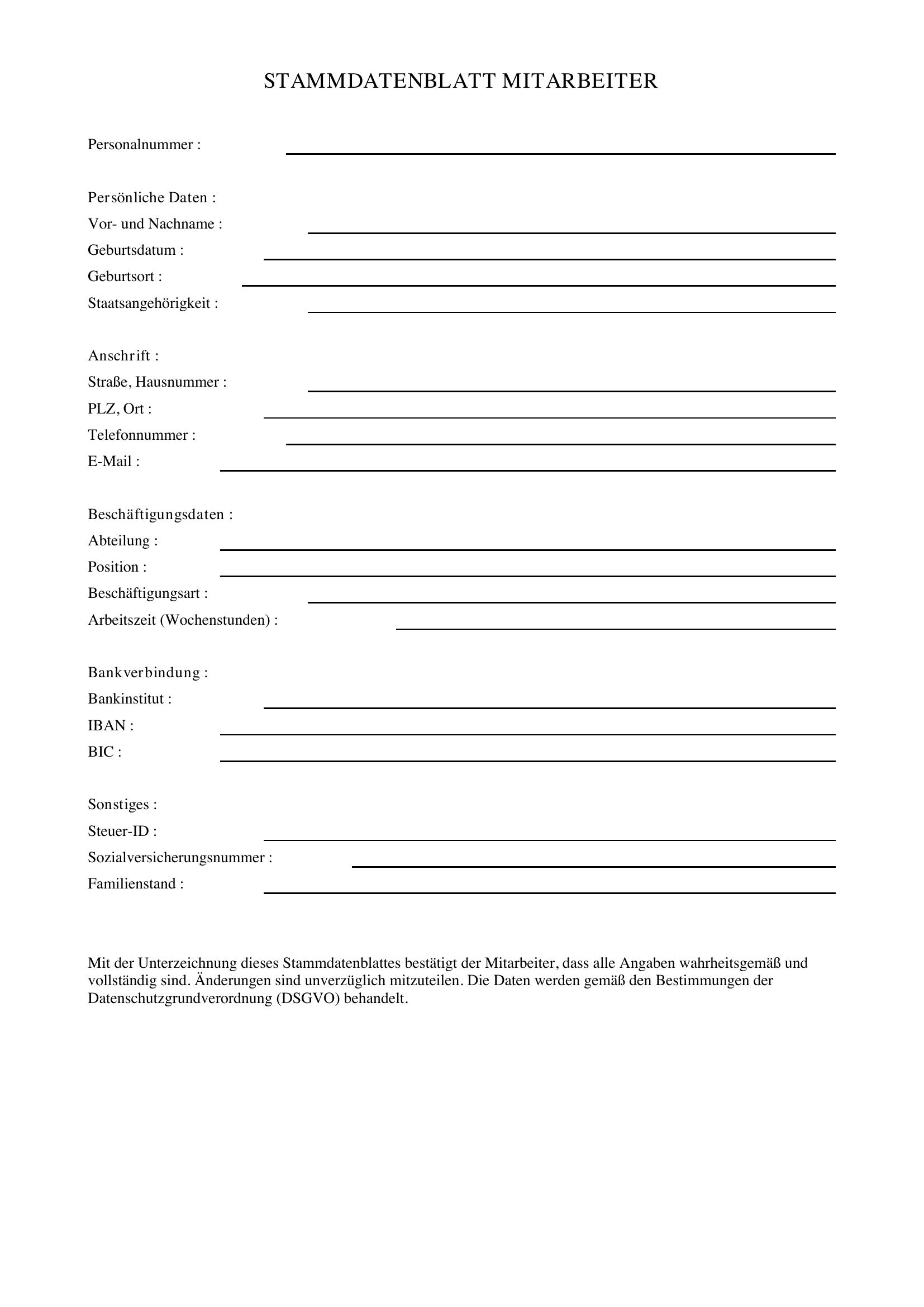 Stammdatenblatt Mitarbeiter Vorlage