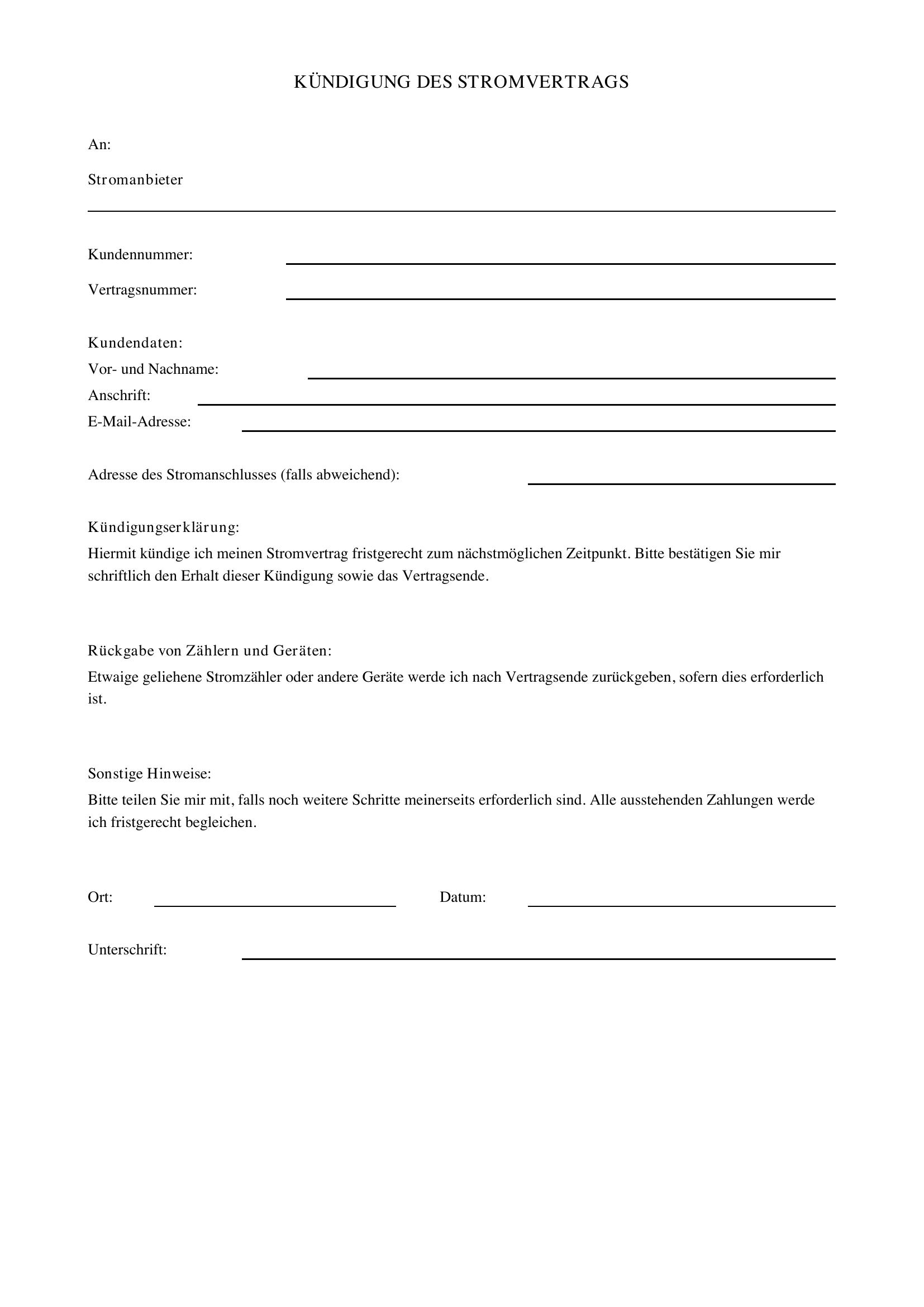 Stromvertrag Kündigen Vorlage