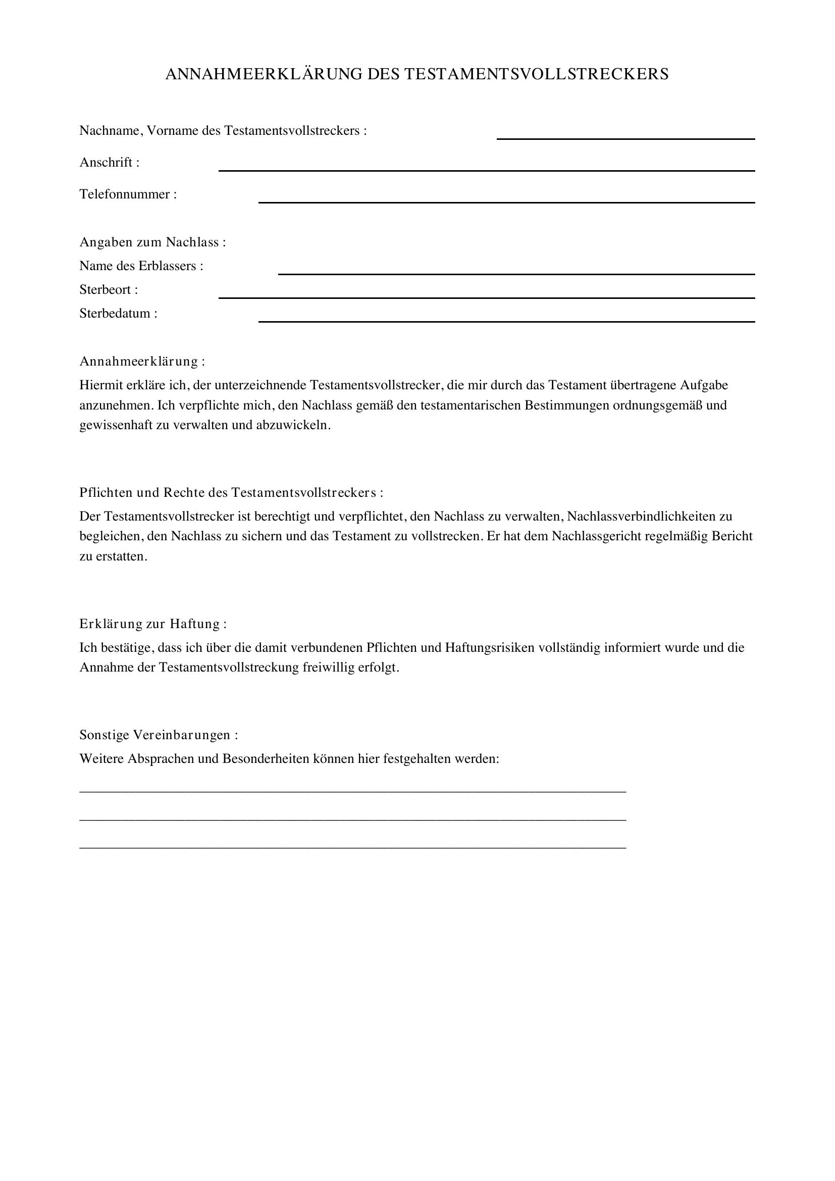Testamentsvollstrecker Annahmeerklärung Muster